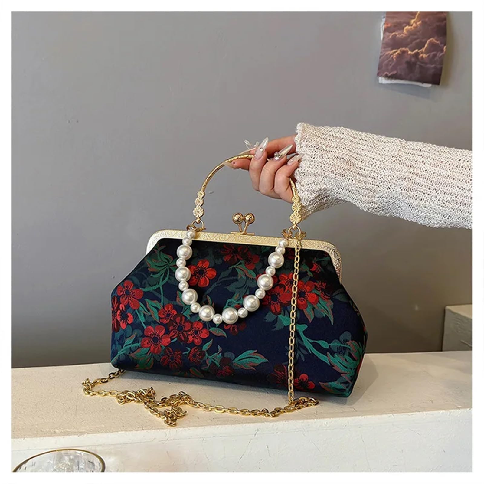Borsa da sera con stampa ricamata retrò autunnale Borse perline di perle for le donne a tracolla catena dorata pochette for festa nozze Per Cene E Feste