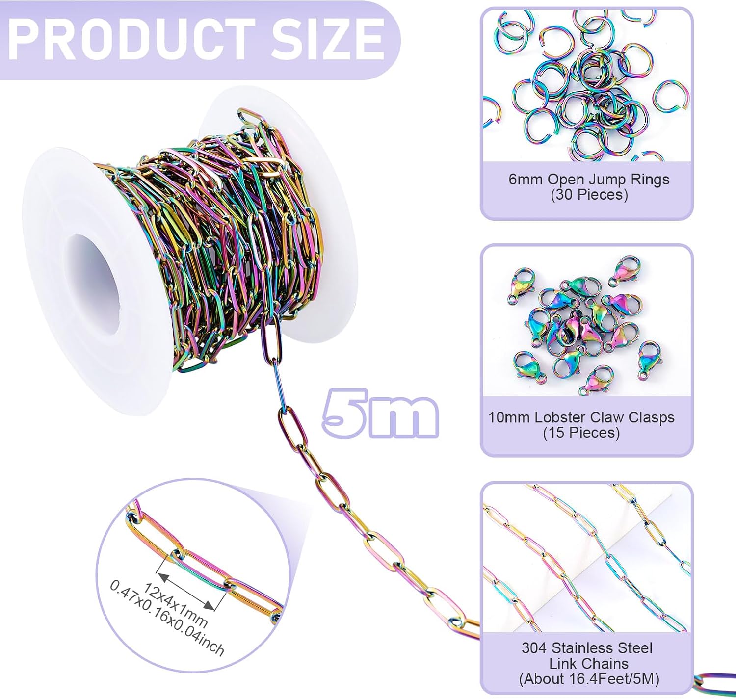 Cheriswelry Paperclip Link Chains for Jewelry Making DIY Bracelet Necklace Making Chains Stainless Steel Jewelry Kits with Lobster Claw Clasps and Jump Rings