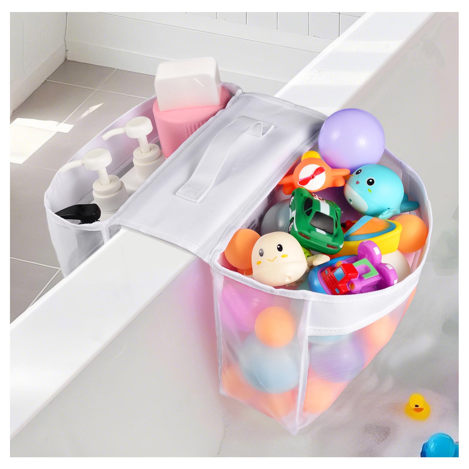 DragoBud Baby Mesh Bath Toy Organizer Saddle Shape 2 Compartments Bath Toy Storage，Quick Access Bath Toy Holder for Bathtub,Suitable for Drying Toys
