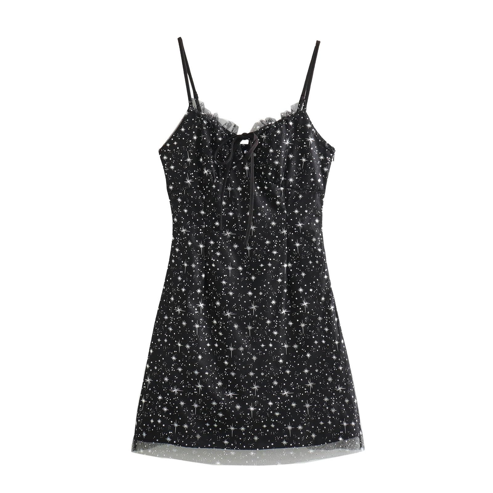 Robe d'été à bretelles noire en dentelle et étoiles chic taille M