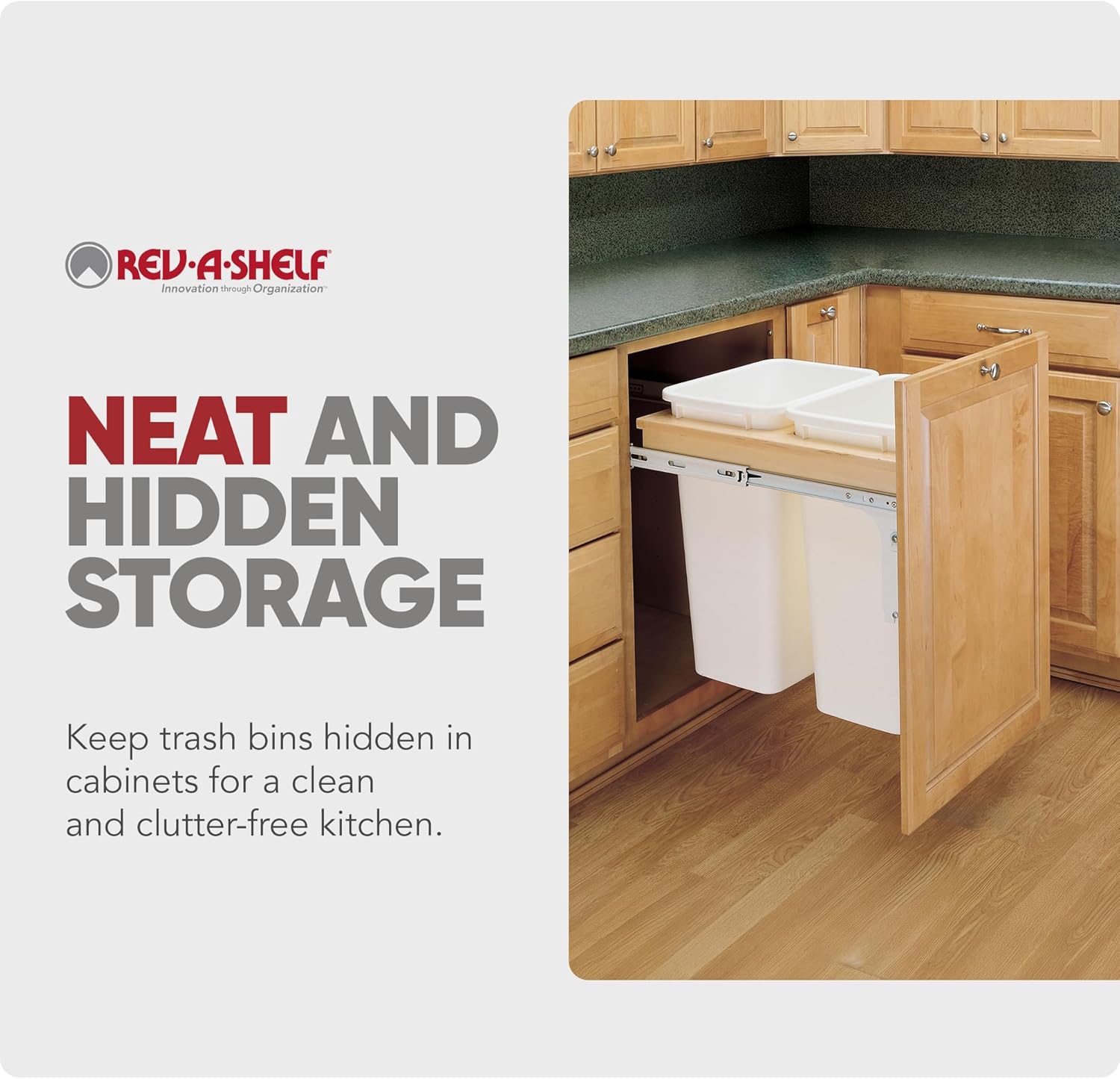 Rev-A-Shelf Top Mount Double Pullout Under Cabinet 50 Quart Kitchen Trash Cans for Full Height Cabinet, 150 Pound Rated Full-Extension Slides, 4WCTM-2150DM-2