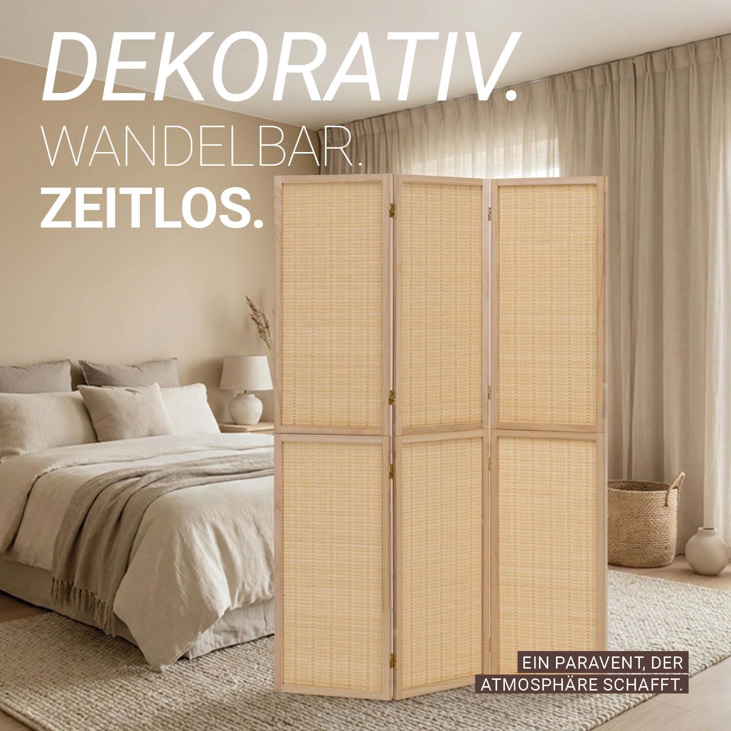 Homestyle4u Paravent 3-teilig aus Holz & Bambus, 120x170 cm