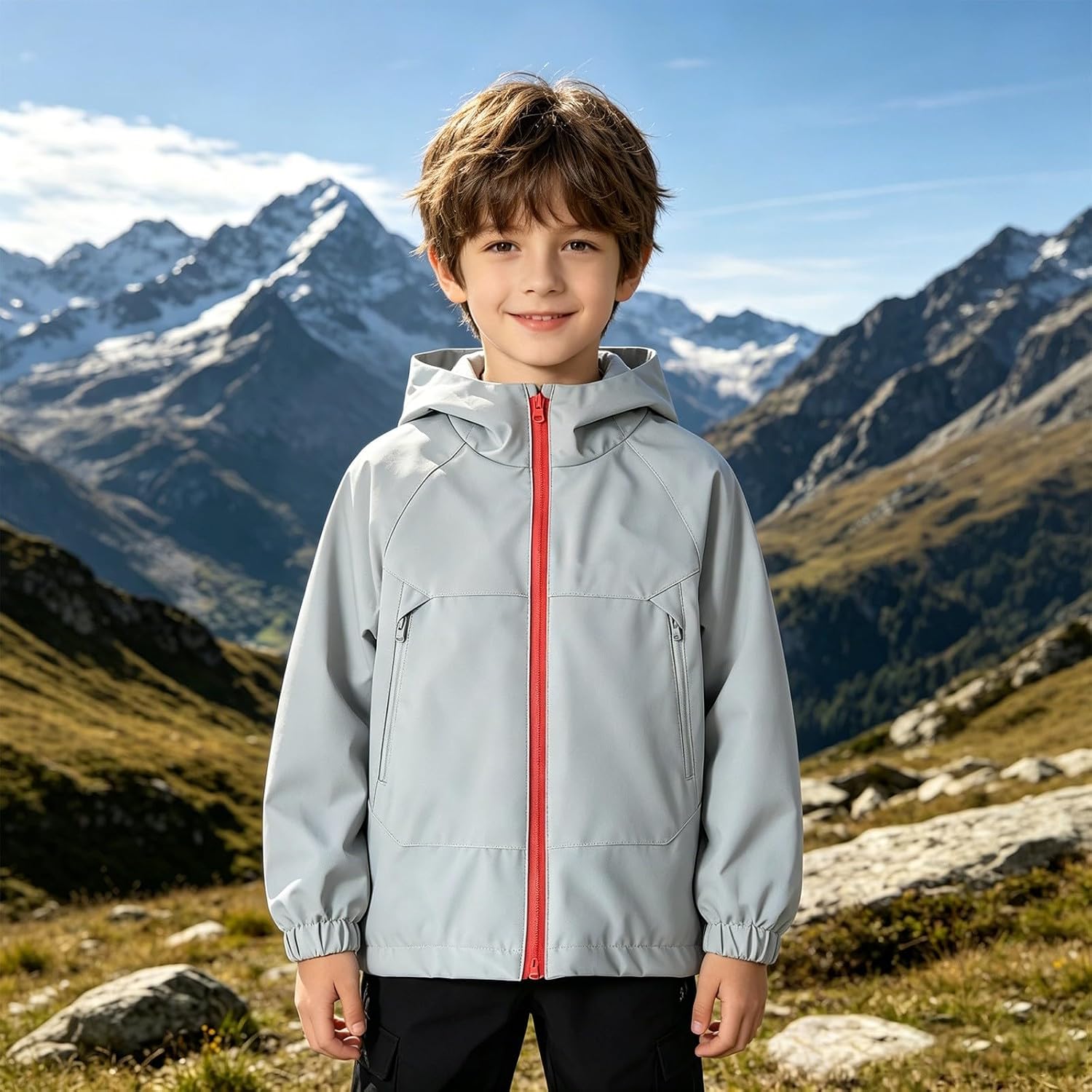 Lightweight Hooded Rain Jacket for Kids Waterproof Outdoor Windbreaker Raincoat Zipper Elastic Cuffs Boys Hiking Rain