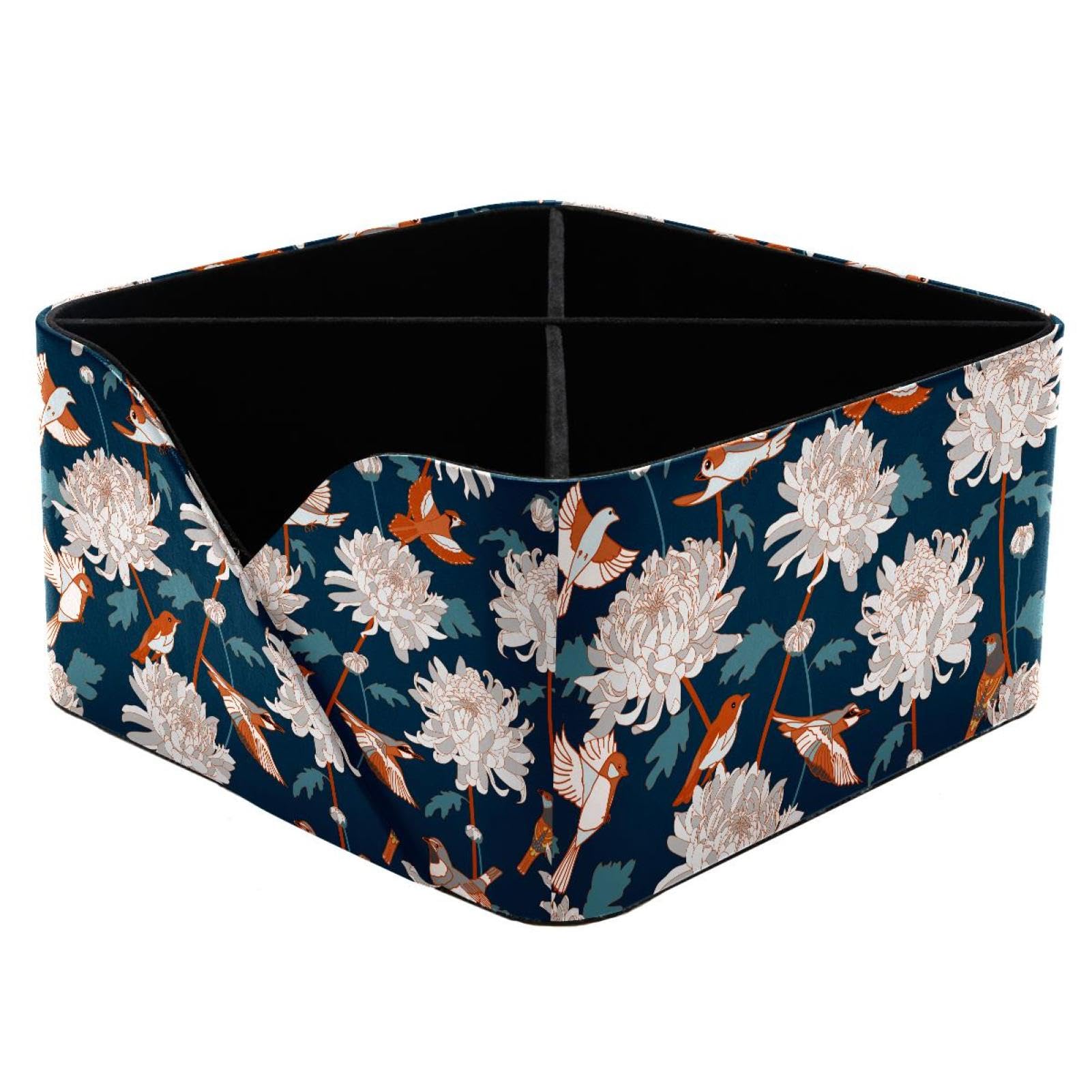 KengjuTesu Japanese Floral Birds Chrysanthemums Pattern Desktop Organizer Pen Holder, Rectangular Pencil Cup for Office, Study and Makeup Stations