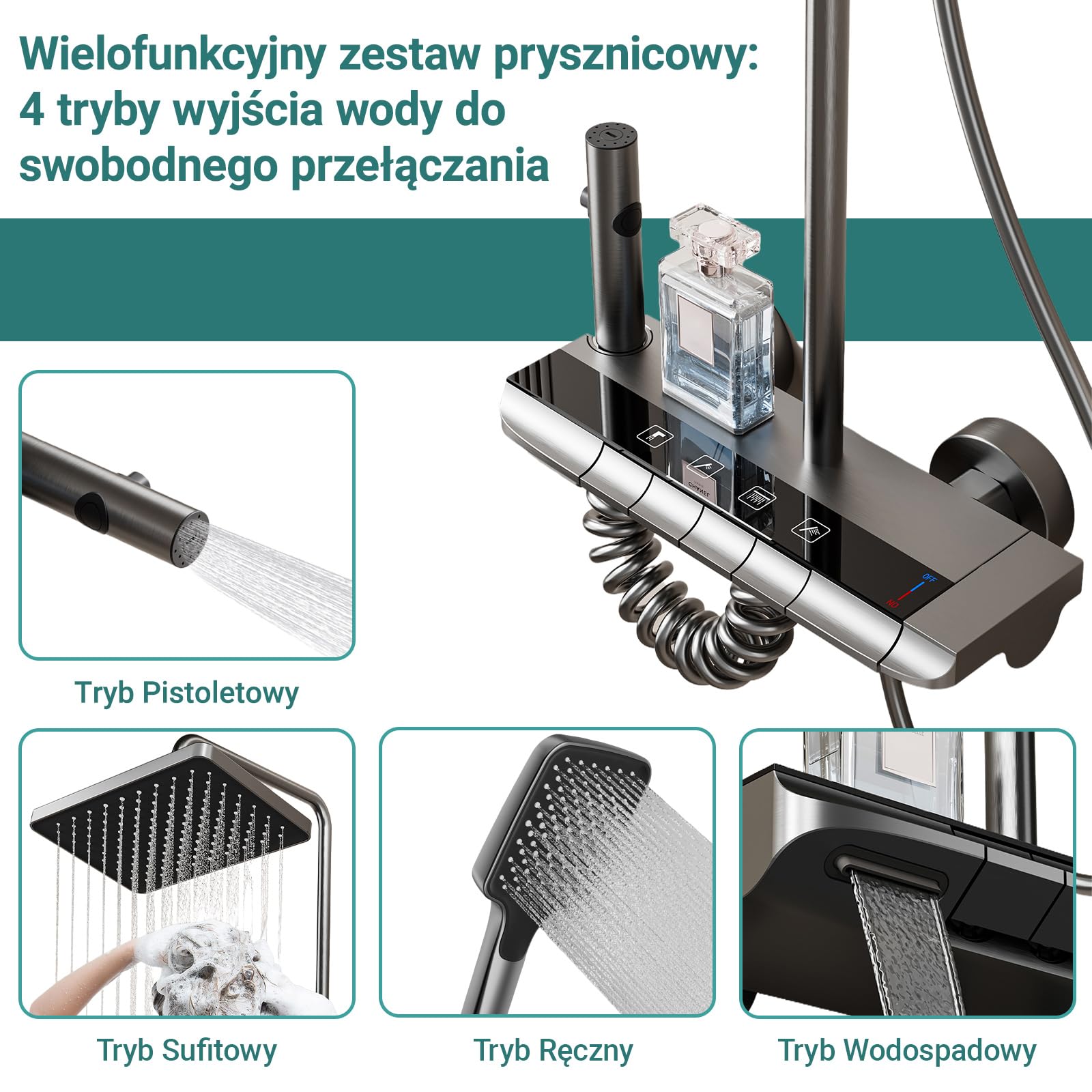 Kompletny Zestaw Prysznicowy z Regulowaną Wysokością Drążka i Kwadratową Deszczownicą, Bateria Prysznicowa z Przyciskami w Stylu Pianina, Zestaw Prysznicowy do Łazienki z 4 Rodzajami Strumienia Wody