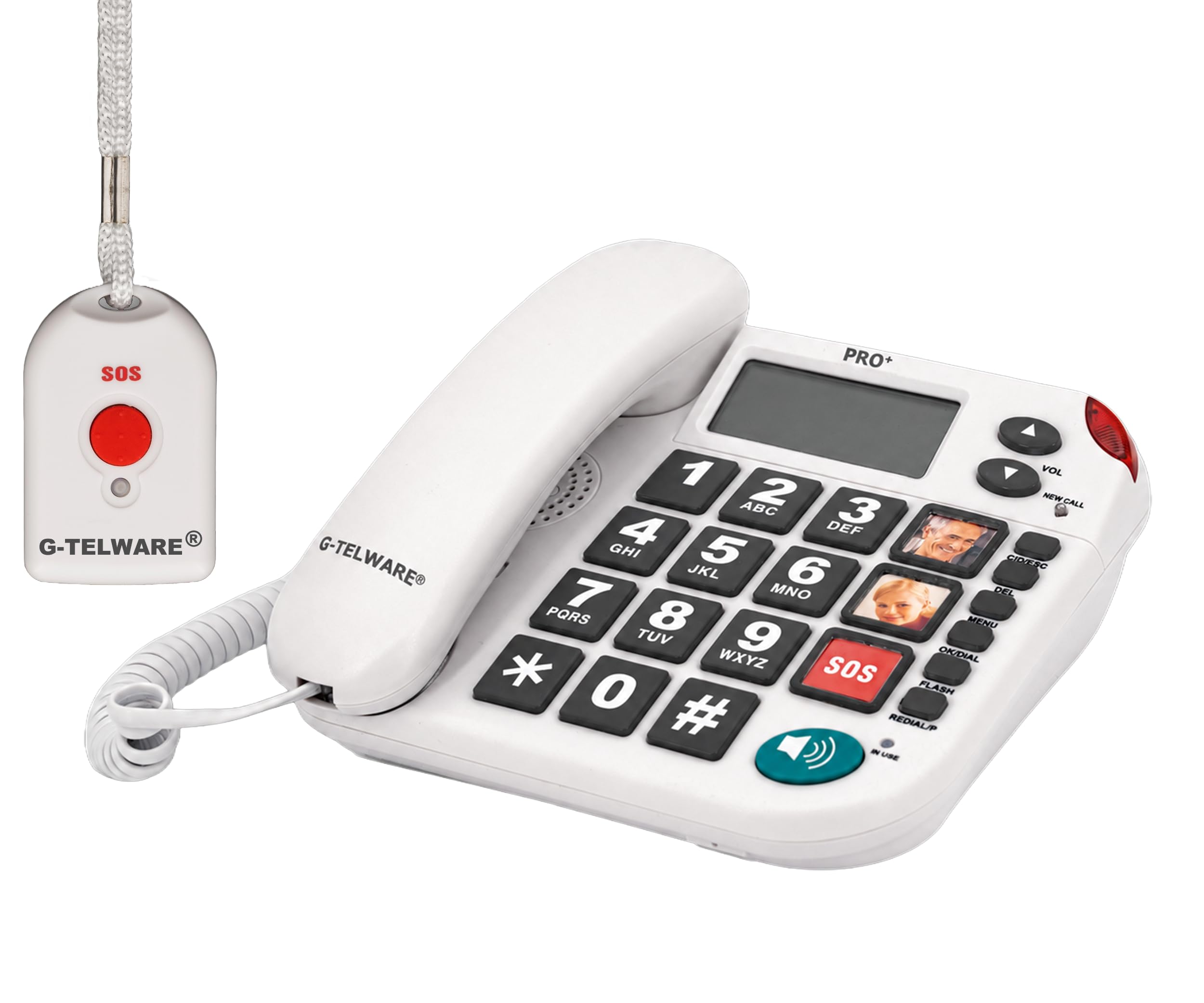 PRO+ (G-TELWARE®) 2023 – 2024, telefono di emergenza per anziani con trasmettitore radio SOS, telefono fisso – 1 trasmettitore con passante, grigio satinato, PRO+