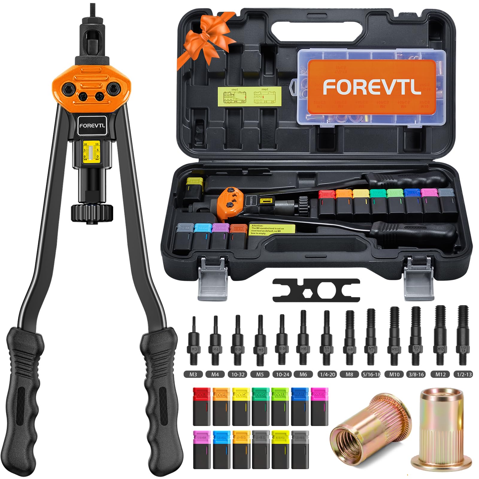 FOREVTL Rivet Nut Tool Kit, 16-Inch Rivnut Tool Kit with 13 Metric and SAE Mandrels, Manual Nutsert Tool with 150Pcs Rivnuts Assortment Kit for DIY, Auto & Metal Repairs