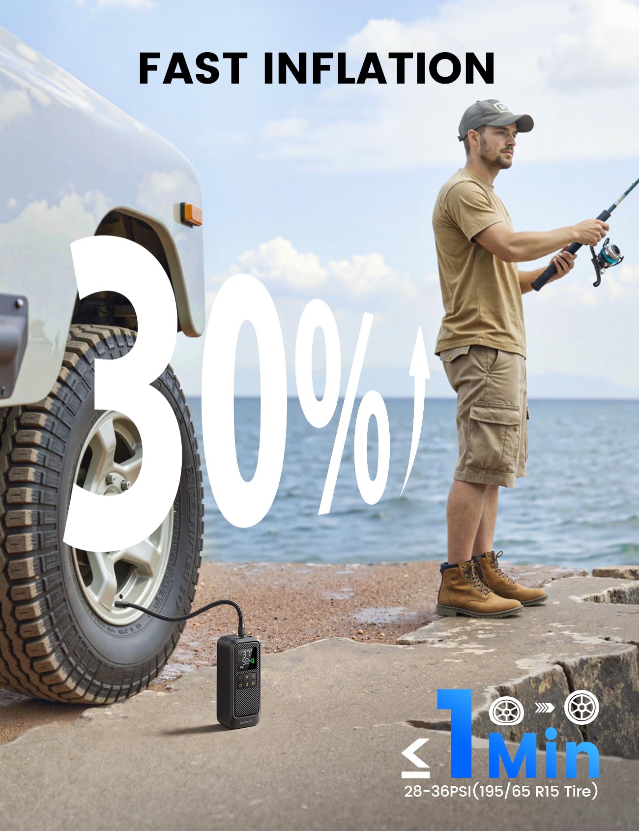 Lamicall Pompe à Vélo Électrique - [Arrêt Automatique] 150 PSI Compresseur à Air Portatif, Mini Pompe à Air Électrique avec Lumière LED & PowerBank, pour Voiture/Vélo/Moto/Ballon