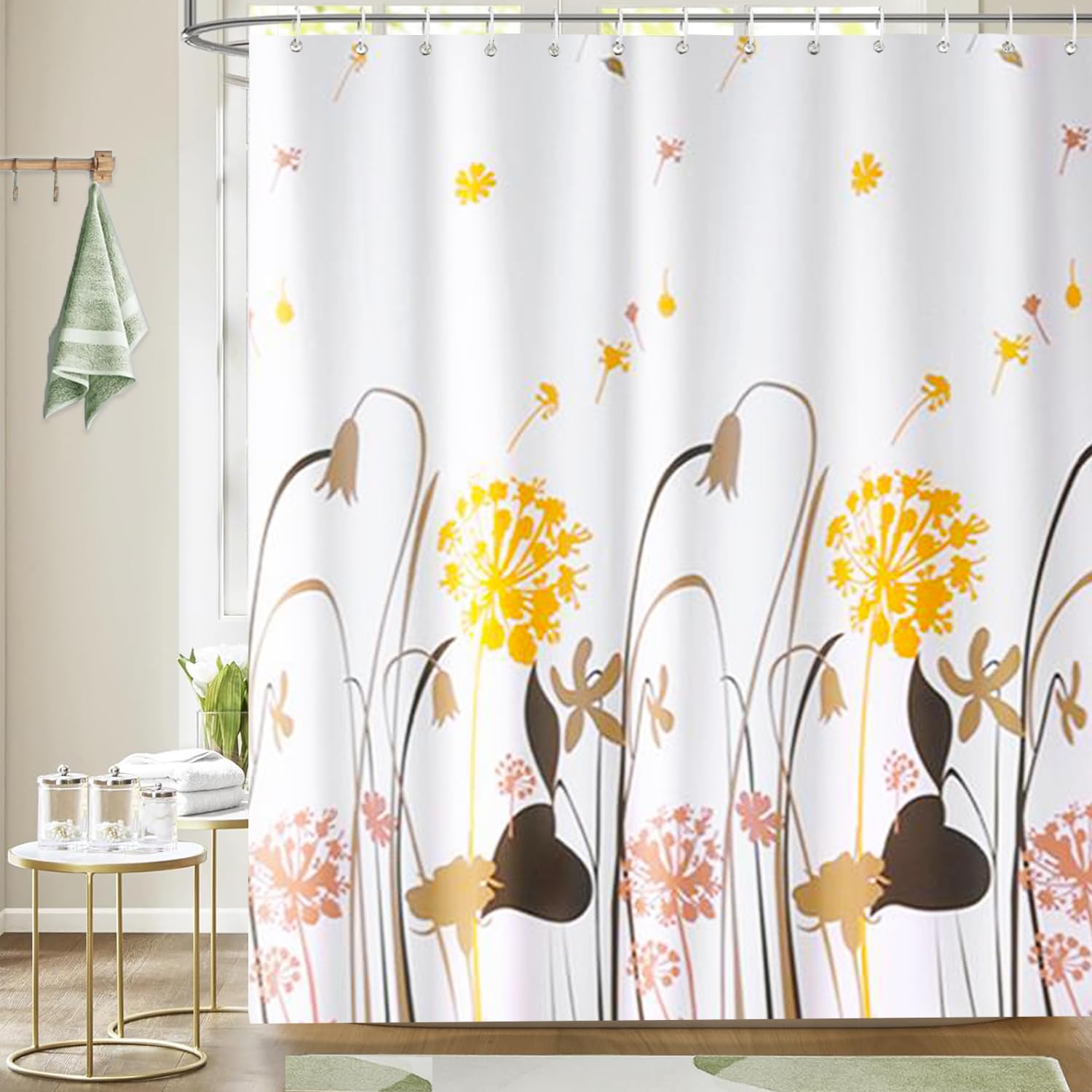 zhaoyeqing Shower Curtain for Bathroom -180 x 200cm - Waterproof Anti-Mould Proof Resistant, Washable Bathroom Curtain, with 12 Pcs Curtains Hooks, Shower Curtains Liner, Dandelion