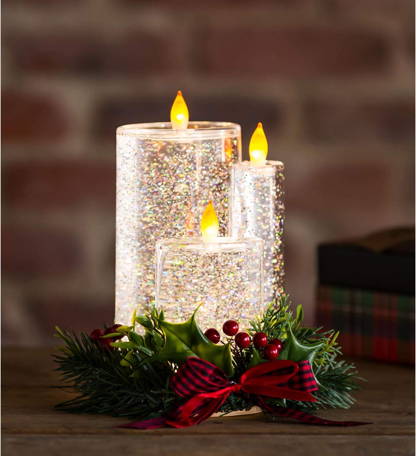 Cypress Home Beautiful LED Spinning Water Candle with Artificial Pine and Bow - 7 x 5 x 8 Inches Indoor/Outdoor Decoration for Homes, Yards and Gardens