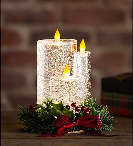 Miniatura 3 de Cypress Home Hermosa vela LED giratoria de agua con pino artificial y lazo, 7 x 5 x 8 pulgadas, decoración interior/exterior para hogares, patios y