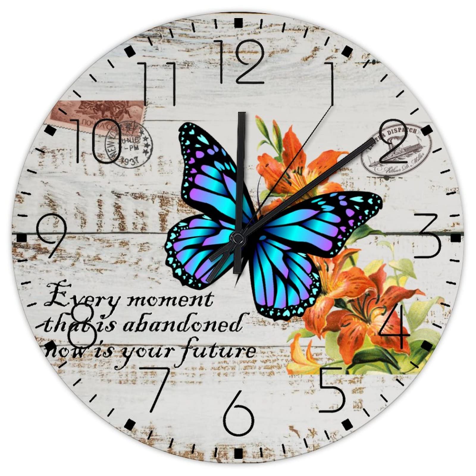 Horloge murale en bois mouvement de balayage silencieux déco fleur jardin
