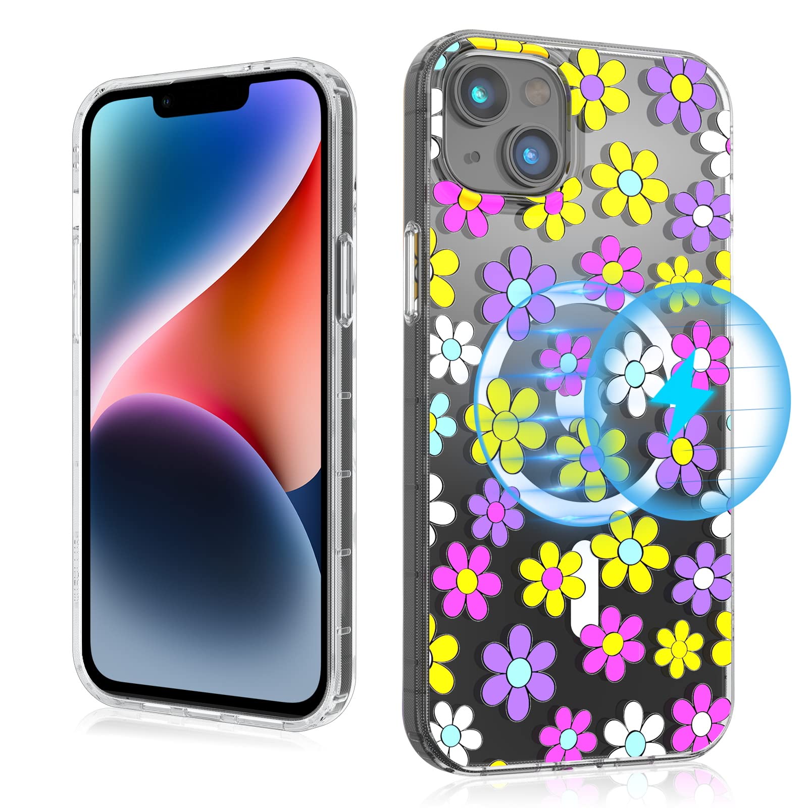 MYBAT PRO Magnetic Slim Clear Case for iPhone 14 Plus Case 6.7", Compatible with MagSafe, Cute Crystal Mood Series for Women Girls, Military Grade Drop Shockproof Non-Yellowing, Multi Color Daisy