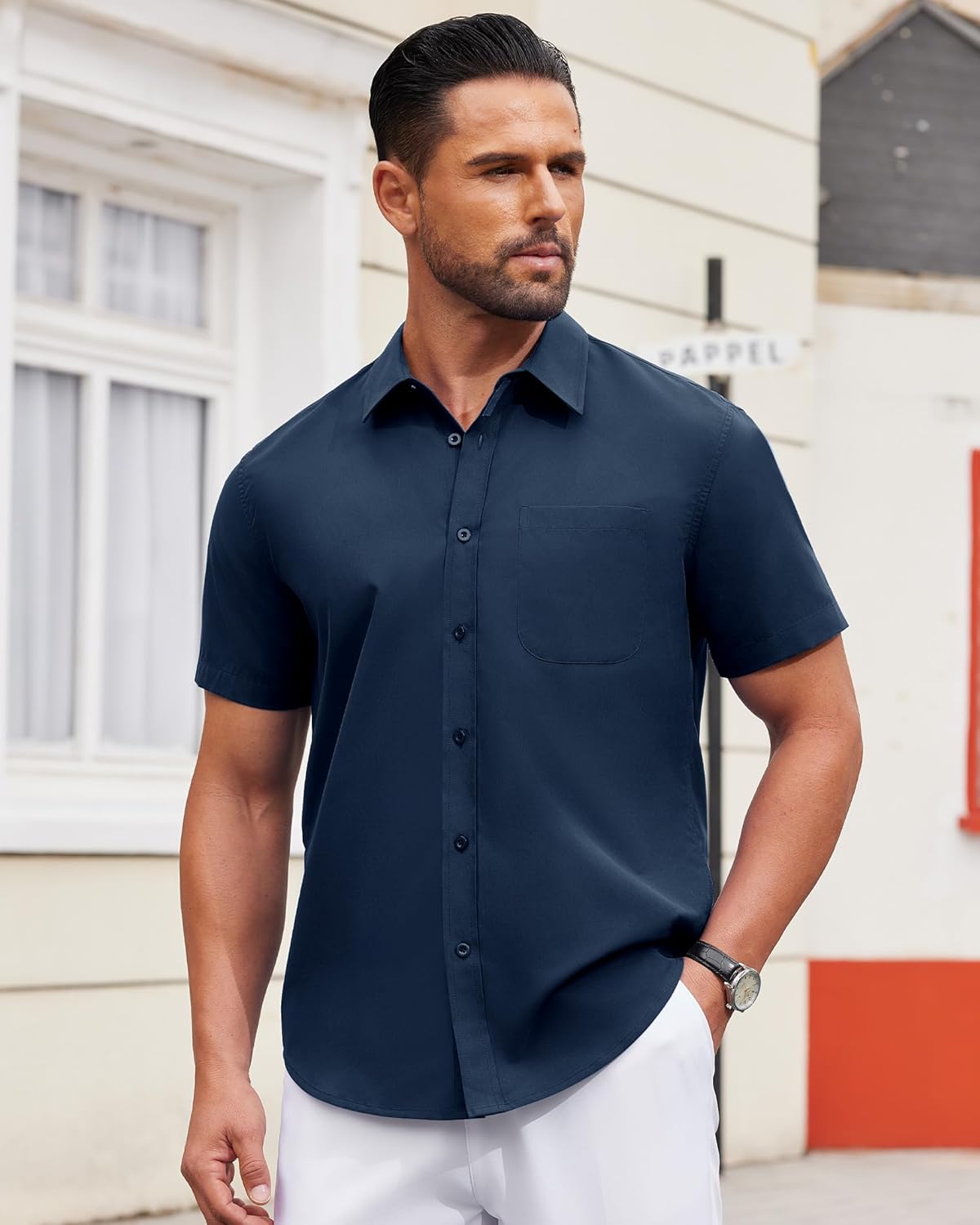 Alimens & Gentle Men's Short Sleeve Dress Shirts Wrinkle Free Untucked Casual Button Down Shirt - Image 3