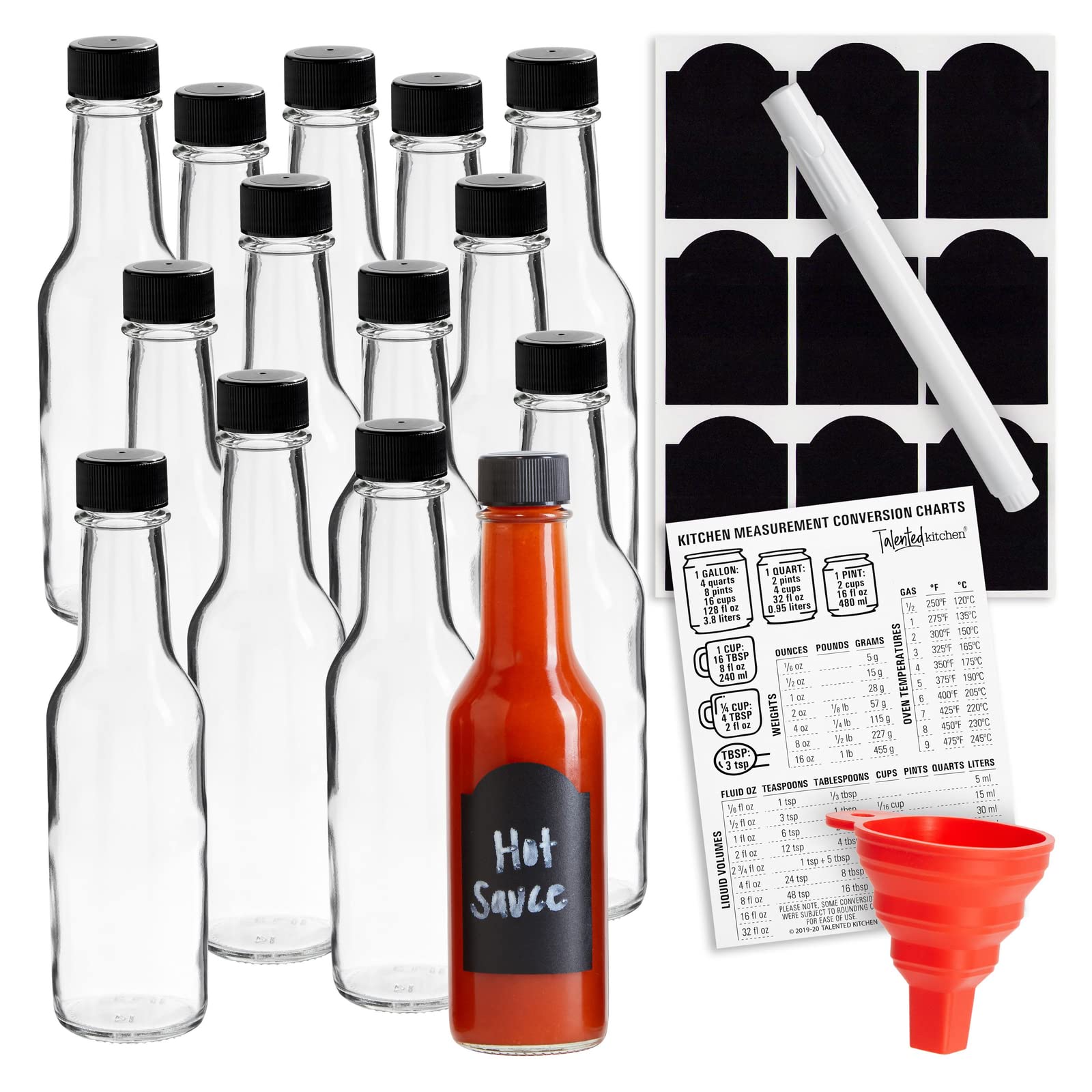 Set of 14 Glass Hot Sauce Bottles with Caps, Funnel, Chalkboard Labels