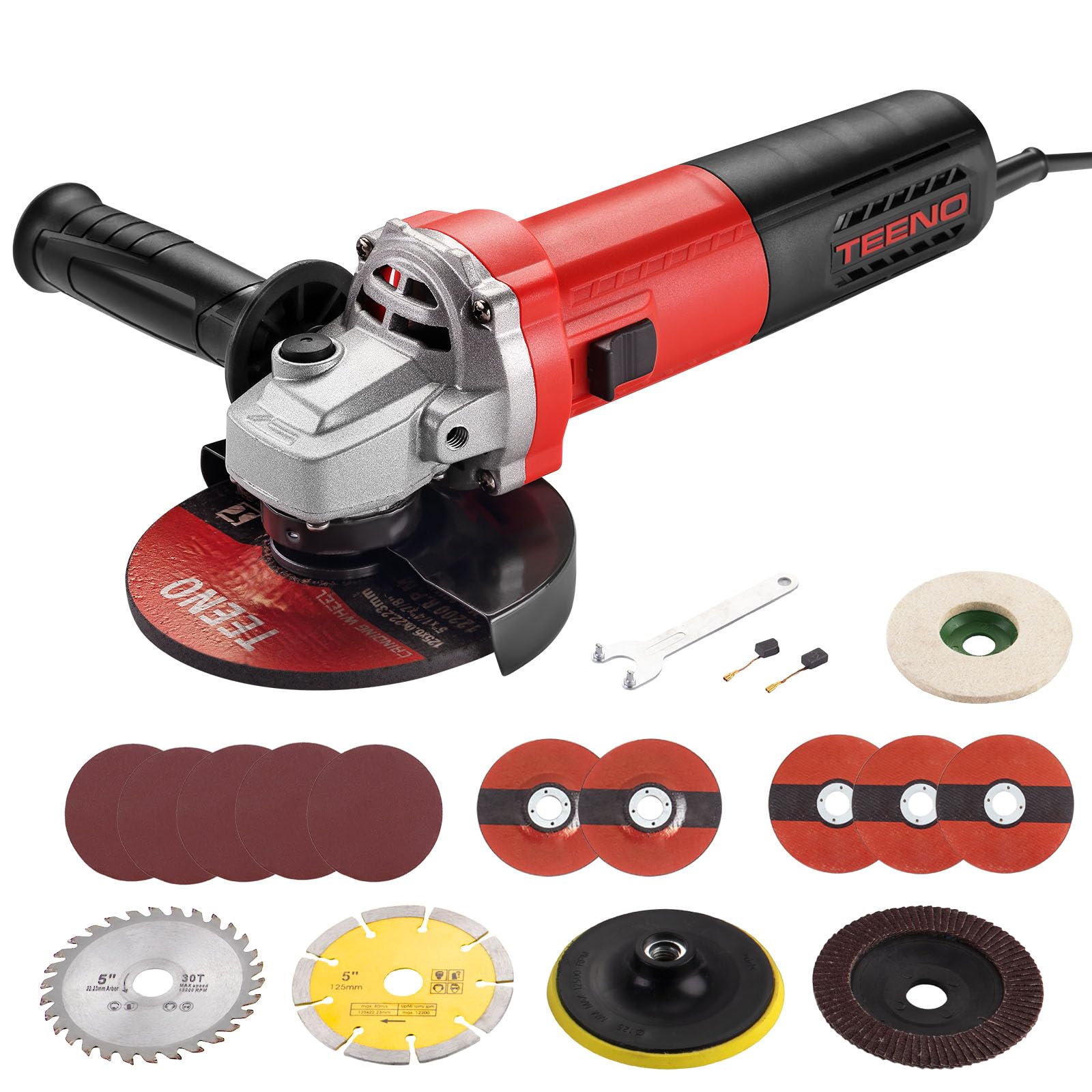 TEENO Smerigliatrice Angolare 125 MM 1000W 2000-12000 giri/min Con 19 Accessori,Flessibile da Taglio Disco da 125 mm,Tagliare e Levigare, Lucidare, Metallo, Legno, Ceramica,Pietra