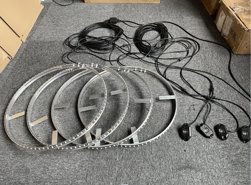 15.5'' Pure White Led Wheel Ring Light Rim Lights + 4PCS LED Rock Light Underbody Decoration Light Kit 8 Way Splitters Sync Switch and Remote Ctrl