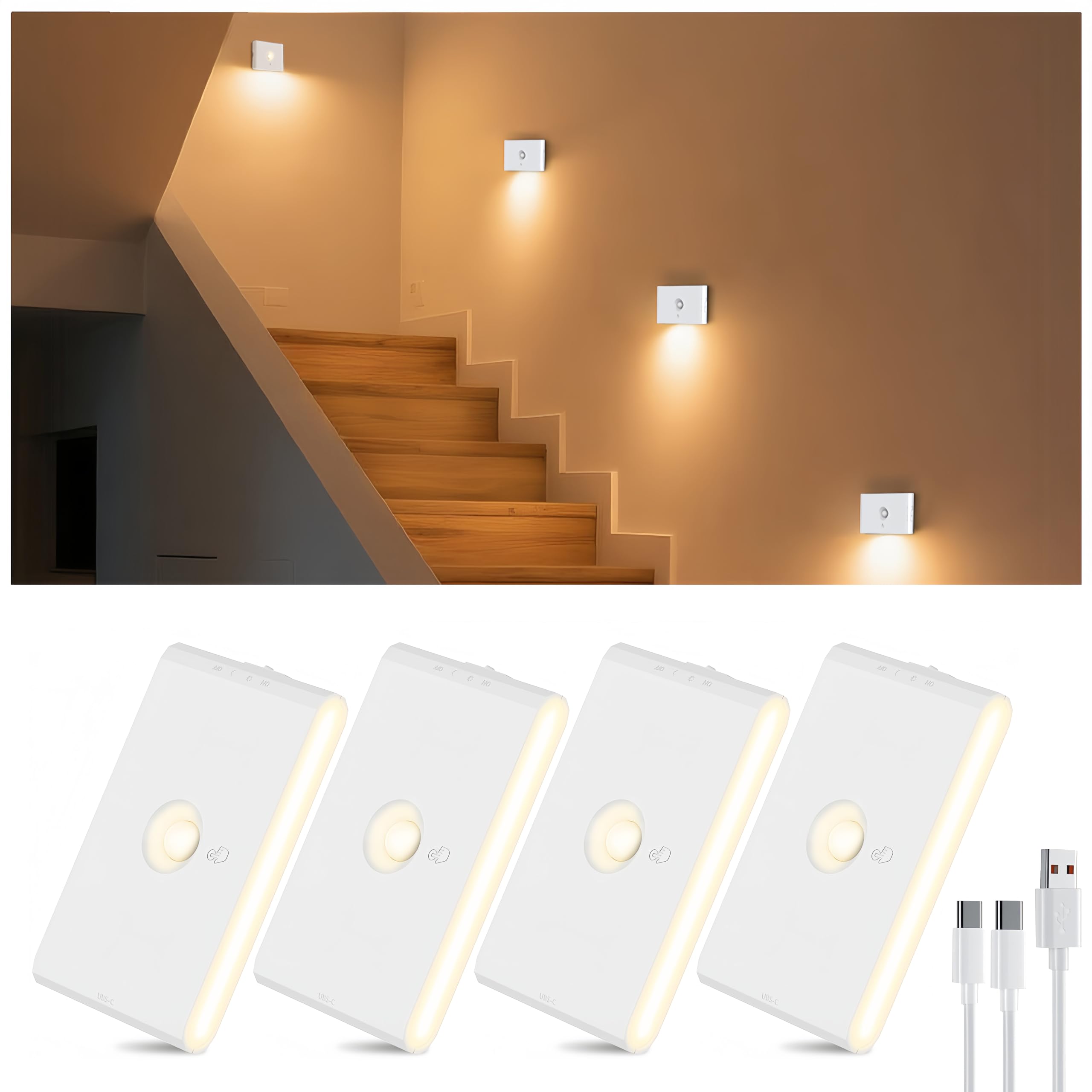 Coolilumi Rechargeable Stair Night Lights Indoor with Motion Sensors, Small Battery Powered Stairway Lights for Bathroom, Hallway, Underbed, Toilet, Magnetic Mount, 4 Pack — image 1