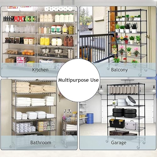 Miniatura 8 de Estantería de alambre resistente de 6 niveles, estante de almacenamiento ajustable sobre ruedas, capacidad de peso de 6000 libras, estantes de