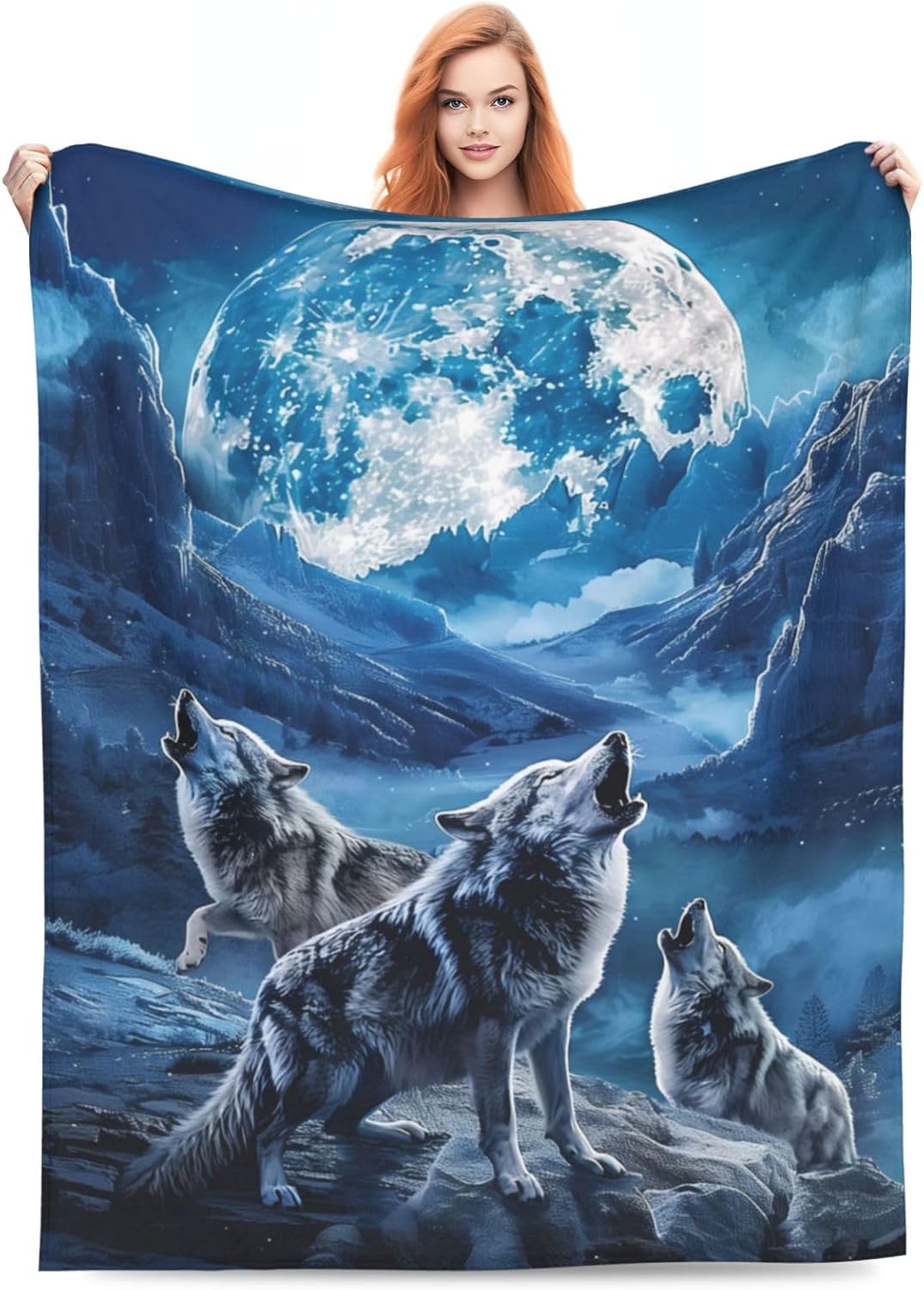 Howling Wolf Blanket Gifts for Adults Kids, Flannel Moon Wolf Pattern Throw Blankets for Bed Living Room Sofa Couch Traveling Camping, Soft Warm Lightweight Plush Wolf Decor 50x60in
