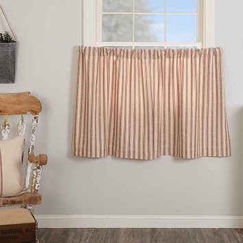 Piper Classics Market Place Red Ticking Stripe Tier Curtains, Set of 2, 36" Long, Farmhouse Style Brick Red & Natural Cream Tiers/Caf  Curtains