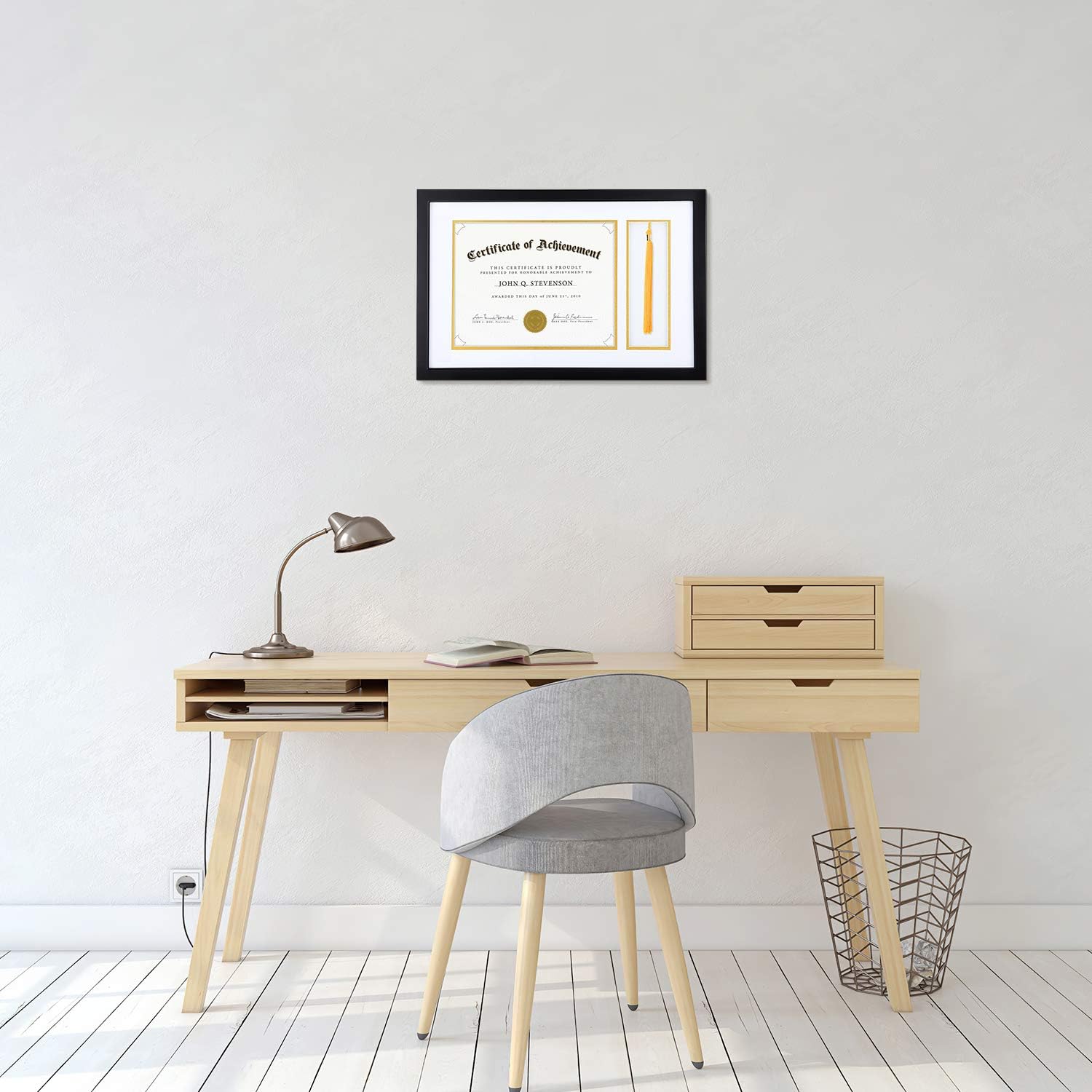 ONE WALL Diploma Tassel Shadow Box 11.2x17.8 Inch Frame for 8.5x11 Certificate/Diploma/Graduation Document with Double Mat(White Over Gold) & Tassel Hanger