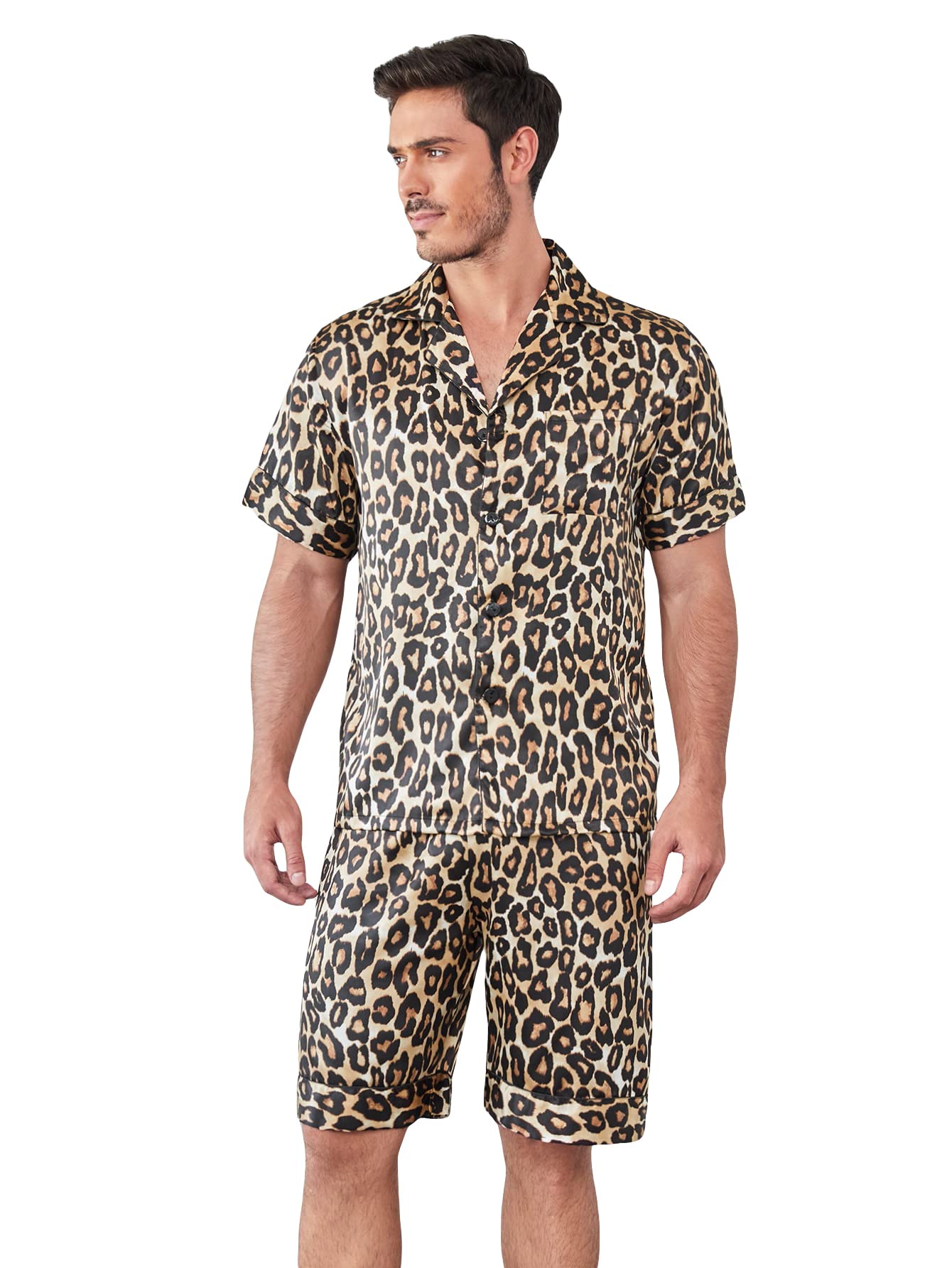 OYOANGLE Men's 2 Piece Leopard Print Stain Short Sleeve Button Front Shirt and Shorts Pajama Set
