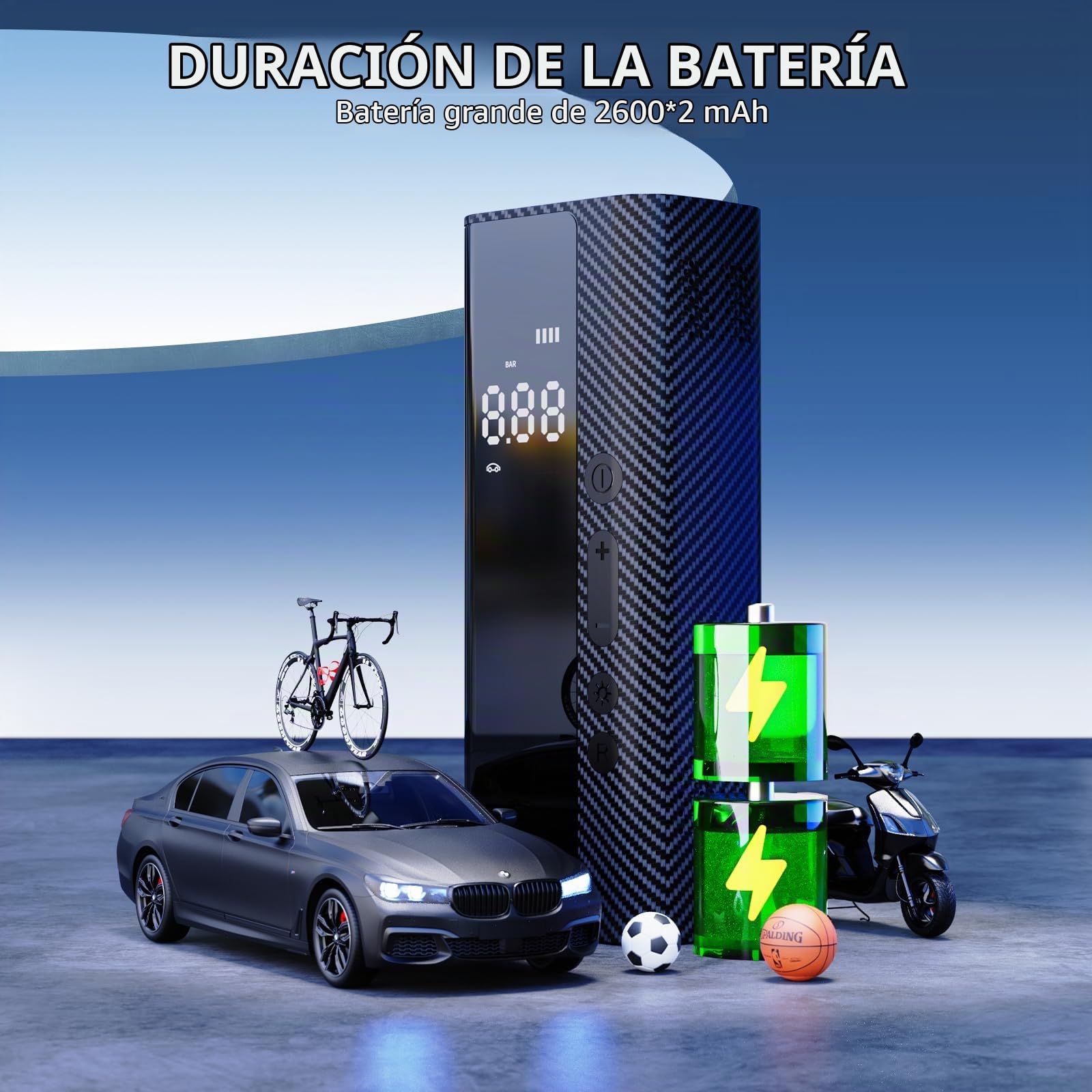 Compresores de Aire portátiles, 150PSI - Inflador electrico para Ruedas de Coche y moto - Mini Bomba para Bicicleta con Pantalla LCD Digital y Linterna LED