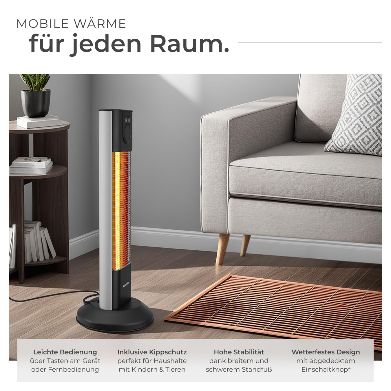 tectake® infrarot Heizstrahler mit Kippschutz und Timer für Innen und Outdoor, Heizlüfter elektrisch für Bad, Infrarotheizung Terrasse, elektro Wärmestrahler Camping, Infrarotstrahler, 1500W