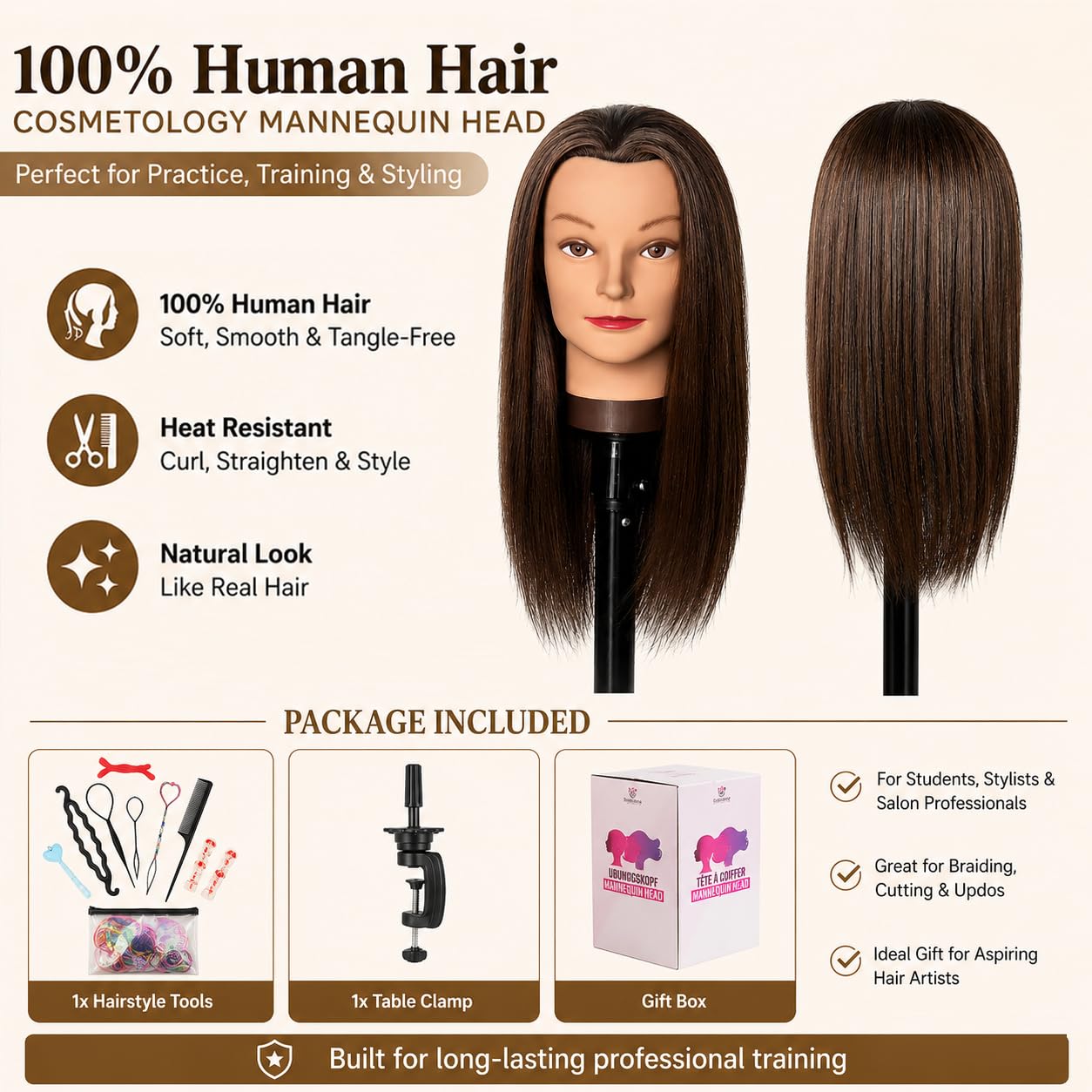 Mannequinkopf mit 100% menschlichem Haar, Echthaar Kosmetologie Mannequinkopf Haar Styling Friseurpraxis Training Puppenkopf mit Klemmhalter 16" Dunkelbraun