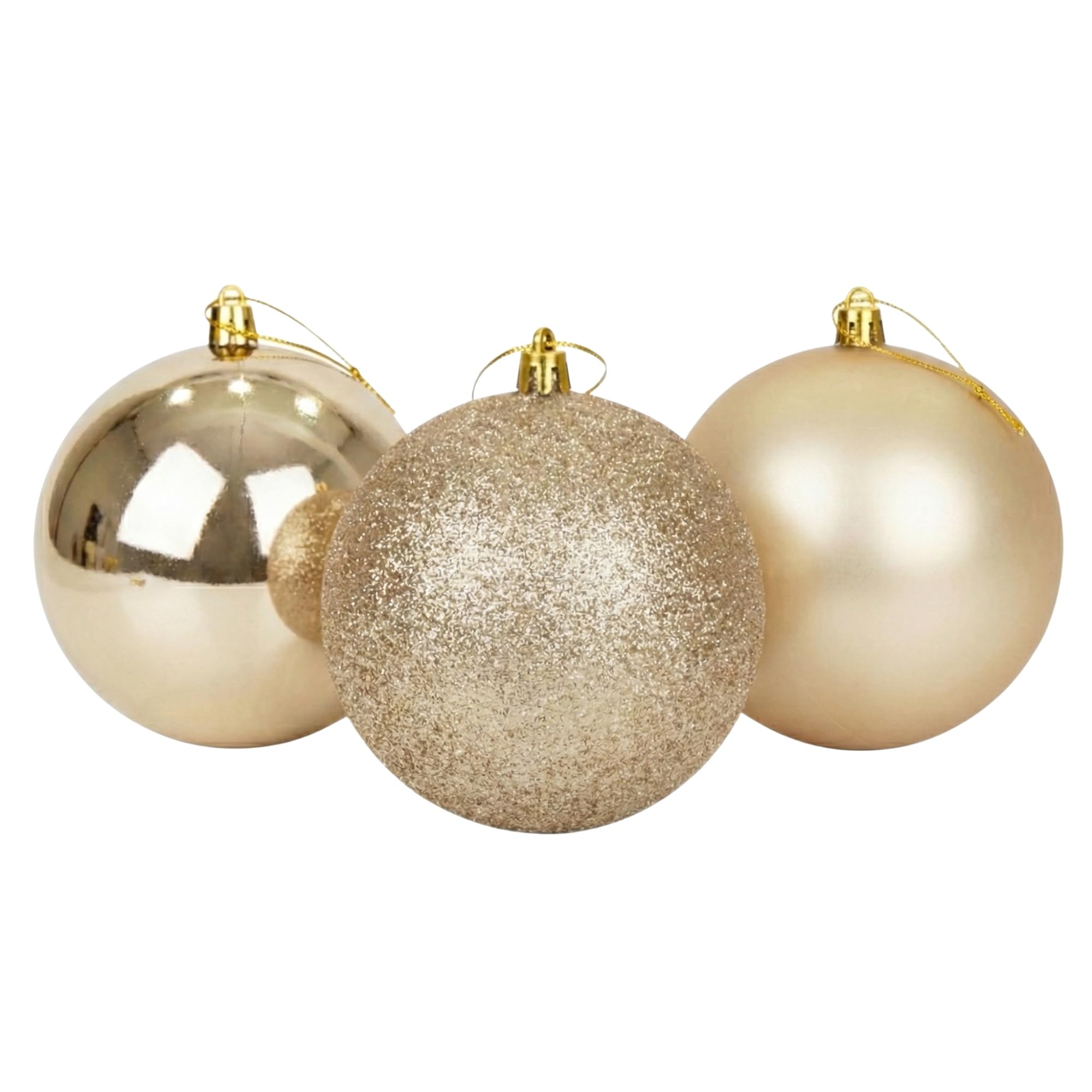 20cm/3Pcs Large Champagne Baubles PVC Shatterproof Glossy, Matt, Glitter Finish Christmas Balls Ornaments Assorted Set- Festive Xmas Tree Hanging Decorations, Round Ornament for Holiday Home Decor