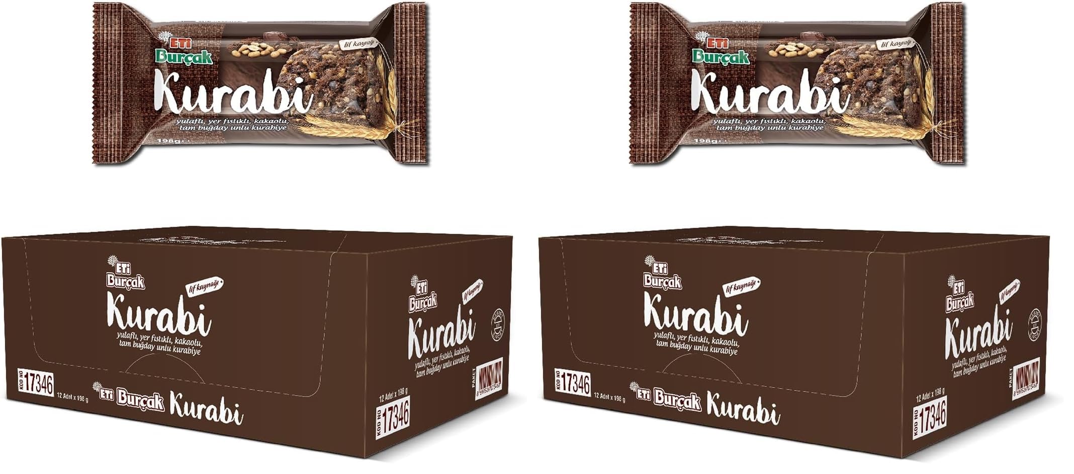 Eti Burçak Kurabi Yulaflı, Yer Fıstıklı, Kakaolu, Tam Buğday Unlu Kurabiye, 198 g x 12 Adet (2 paketi)