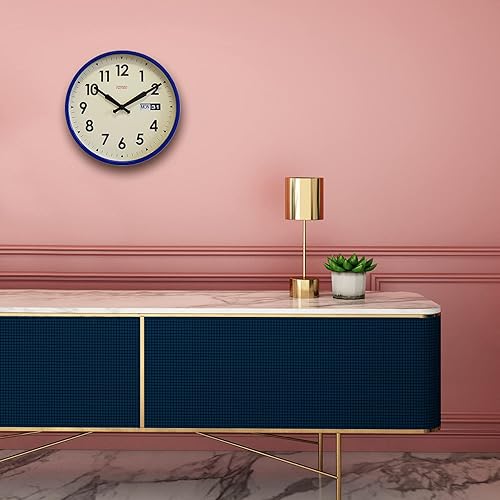 Miniatura 4 de Cloudnola Reloj de pared de metal con hora y fecha, azul y blanco, 12 pulgadas de diámetro, movimiento de cuarzo a pilas