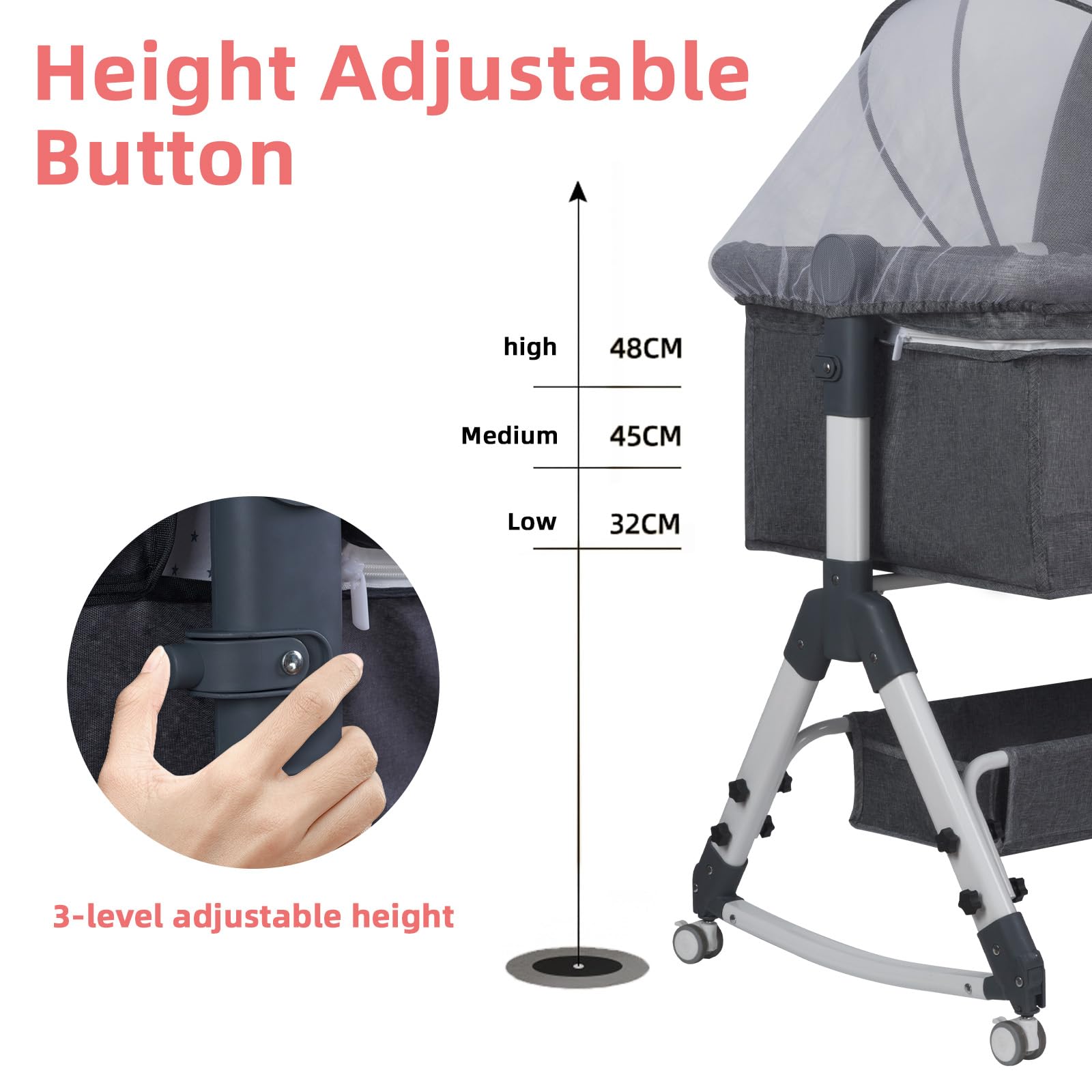 Lit Cododo Bébé Berceau Pliable et Réglable, 0-24Mois, 3 Hauteurs, Matelas Confort, Côtés en Filet, 4 Roues, Facile à Transporter (Gris foncé)
