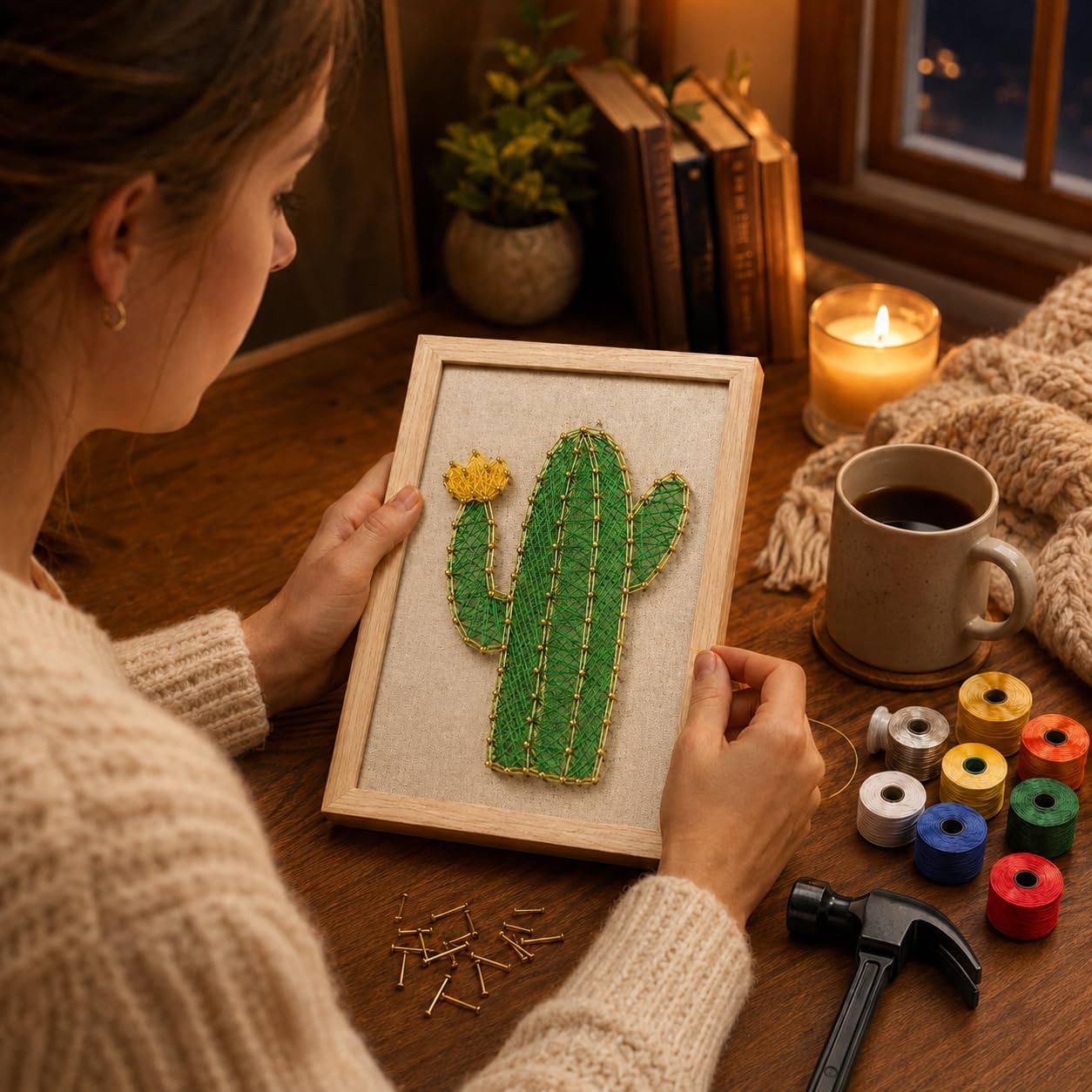 FunSpace Manualidades con Hilo y Clavos con Bastidor y Todos los Accesorios Necesarios para Niños, Adultos, Estudiantes - Decoración de Pared para el Hogar - Regalo Único (Cáctus)