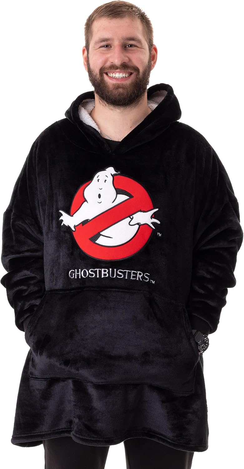 Ghostbusters Mens Wearable Blanket Hoodie | Adults Hooded Pullover in Black with No Ghosts Signs Graphic Print | One Size