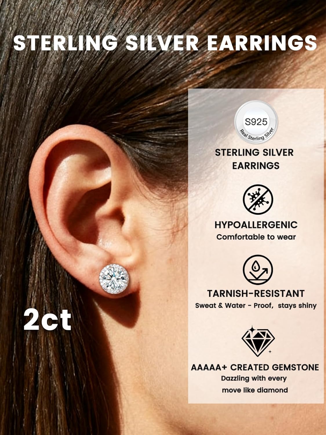 Bestyle Authentic 925 Sterling Silver 2 Carat Birthstone Earrings for Women, More Sparkle Heart/Round Solitaire Diamond Studs Earrings, Great Birthday/Christmas/Anniversary Jewelry for Wife Mother - Image 2