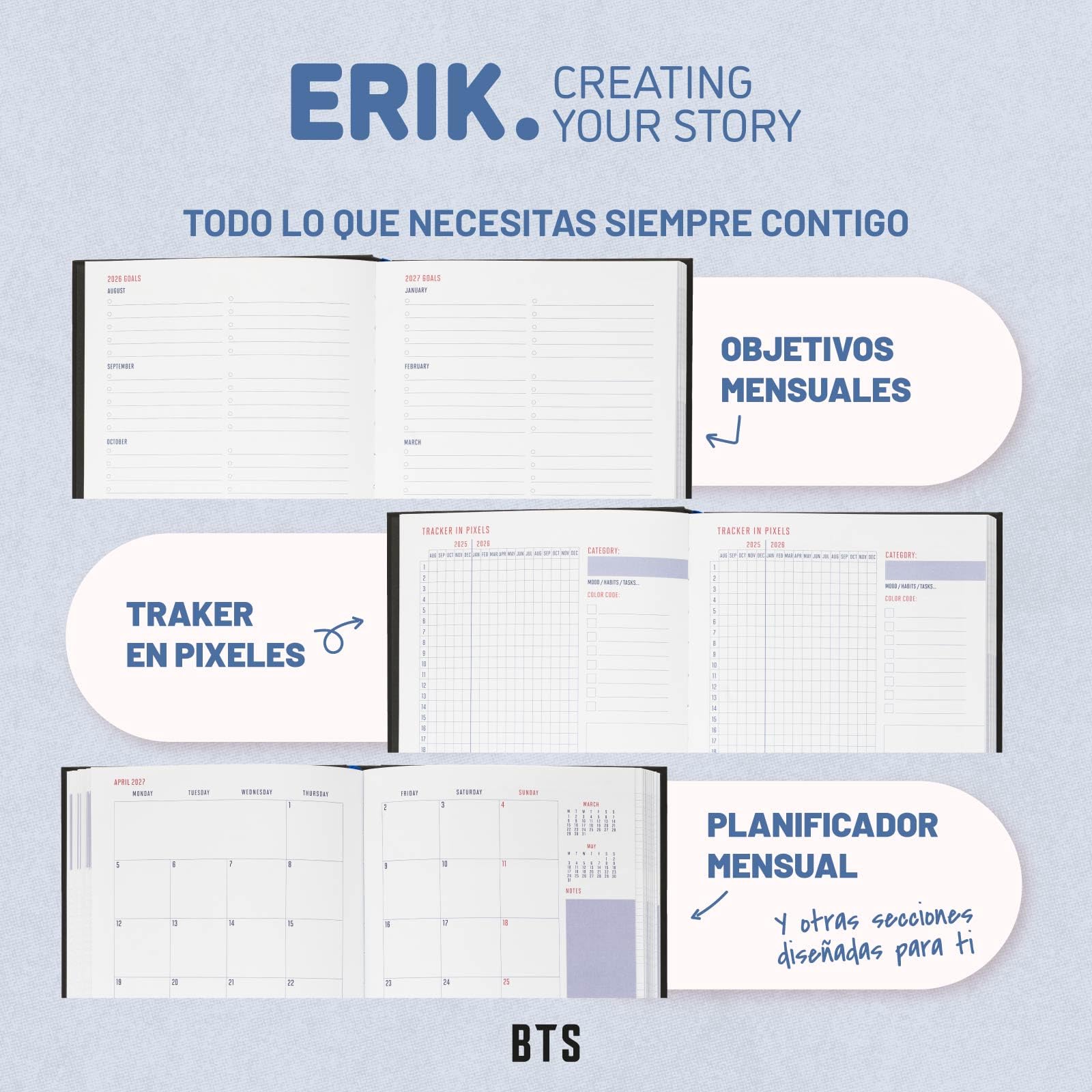 Grupo Erik Agenda escolar 2026 2027 Semana Vista BTS | Agenda Semana Vista A5, Instituto y Universidad, Curso 26/27, Sin Anillas, Tapa dura, Pegatinas e Ilustraciones, 17 MESES