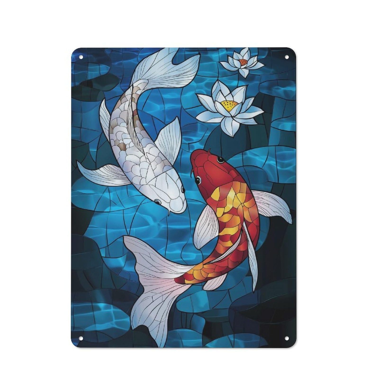 Junmoney Style-21 Koi Fish Stained Glass Printed Metal Sign 40X30cm For Garage Wall, For Collectors Of Vintage Metal Wall Decor