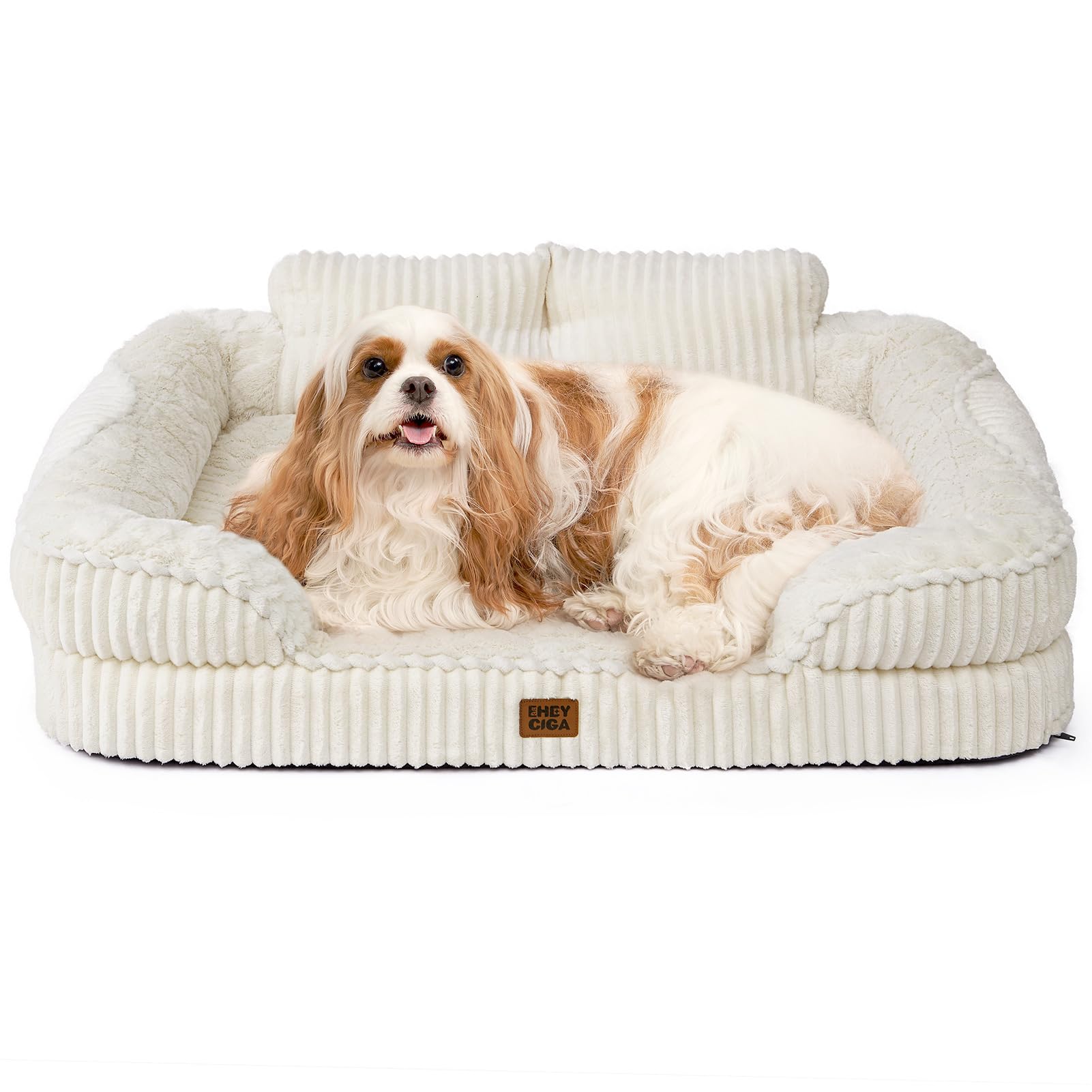 EHEYCIGA Orthopedic Dog Bed Large, 91x69x17cm Memory Foam Dog Bed Sofa with Sides and Waterproof Liner, Pet Couch with Washable Removable Cover and Non-Slip Bottom, Beige