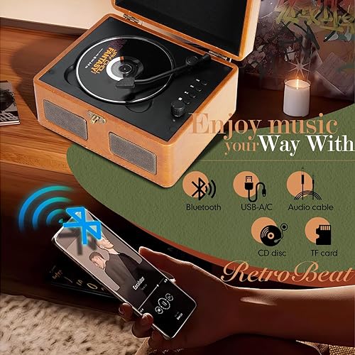 Miniatura 2 de RetroBeat Time Vintage - Caja de música portátil - CD con altavoces, transmisor Bluetooth, recargable, USBAUX, regalo multimodo (marrón)