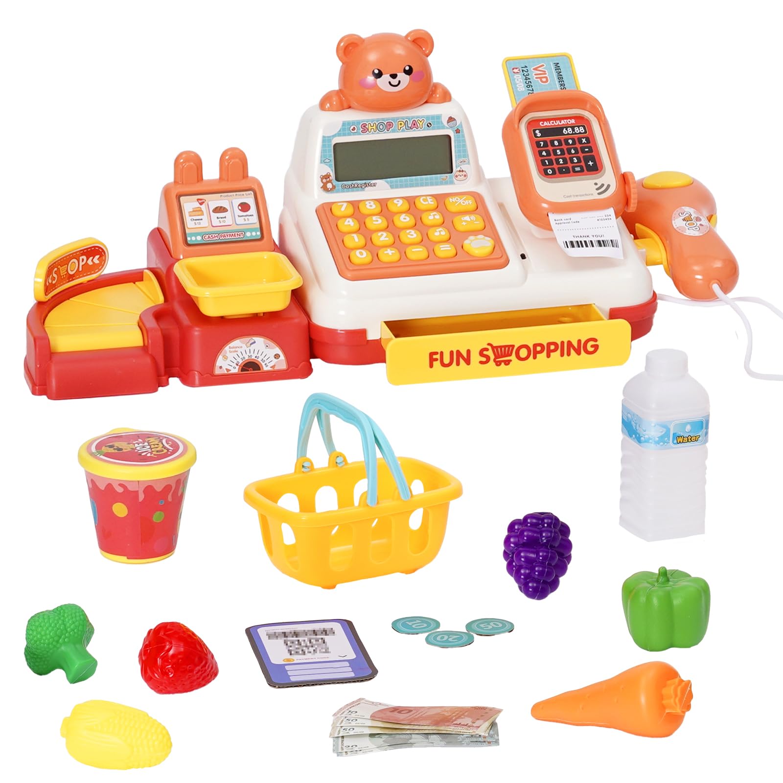 Caisse enregistreuse de Jeu pour Enfants, Mini Caisse enregistreuse Enfants avec Panier à provisions, Caisse enregistreuse Jouet 25 pièces, Accessoires de Magasin Jeu de rôle pour Enfants