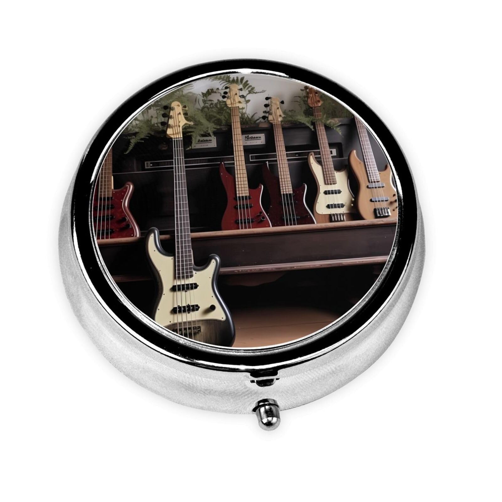 Guitar Bass Music Musical Instruments Pill Box Portable Round Metal Pill Case 3 Compartment Small Tablet Box for Purse or Pocket Pill Organizer Medicine Vitamin Organizer Unique Gift