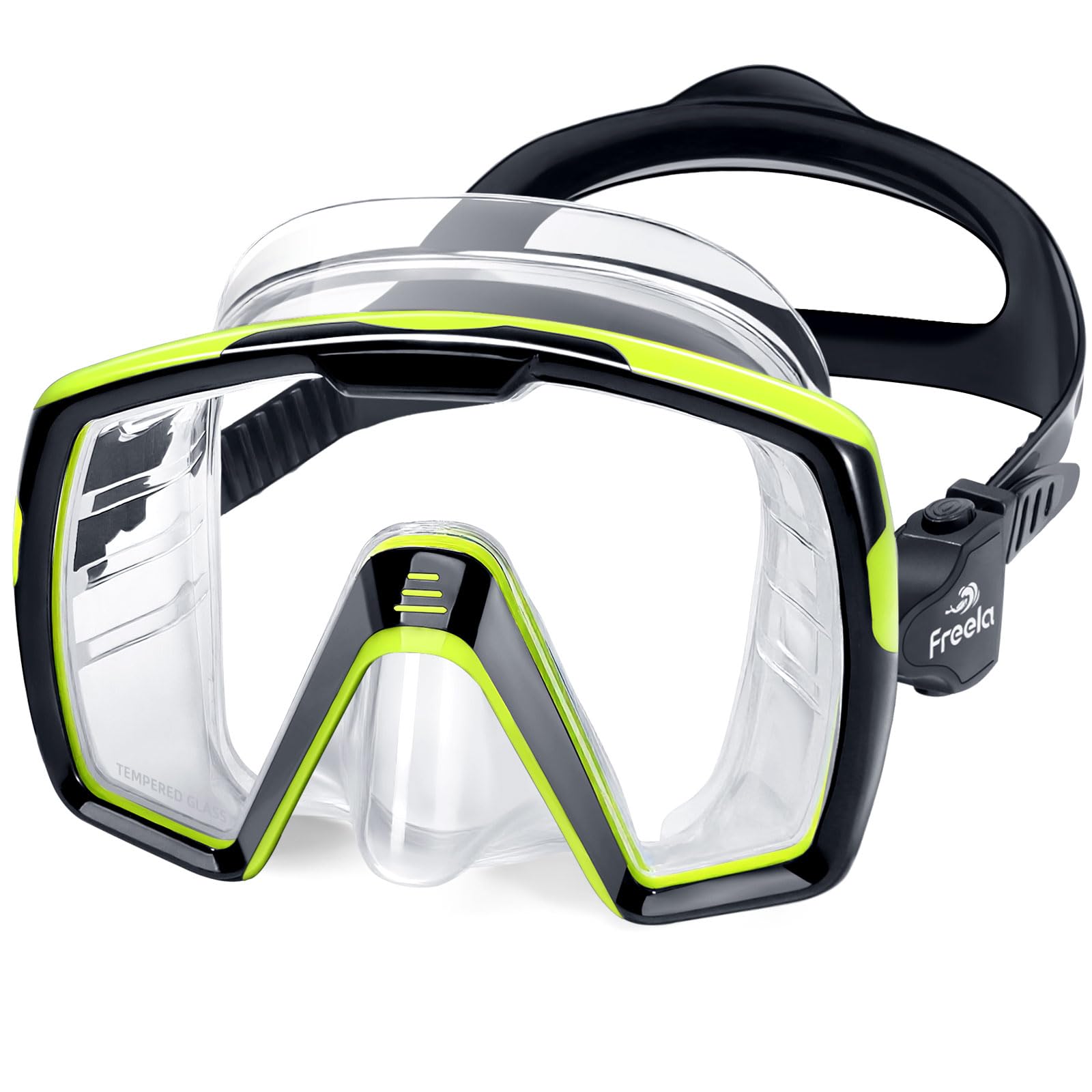 Freela Gafas de natación para adultos con cubierta de nariz, vidrio templado, antivaho, impermeable, 180°, transparente, amplia visión, hombres y mujeres