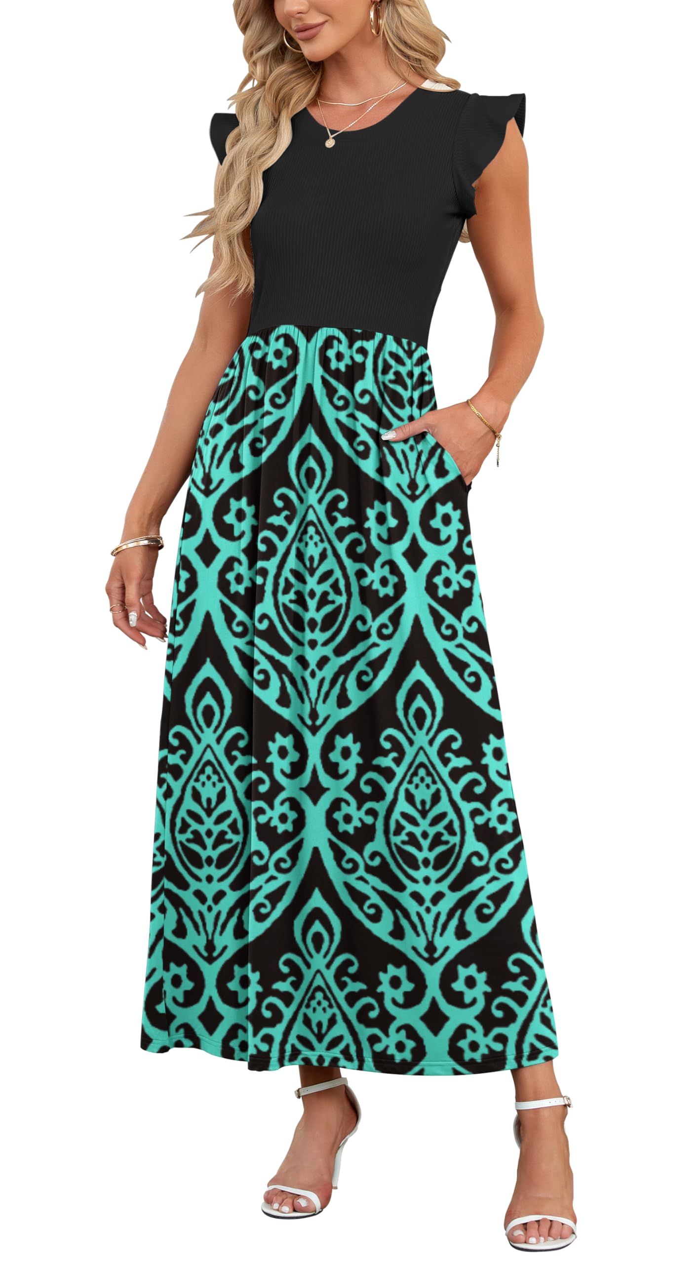 AUSELILY Damen Sommer Rundhalsausschnitt Maxi Kleid mit Taschen Kurzarm und Rüschen Lässiges Hohe Taille Langes Lockeres Bodenlanger Rock