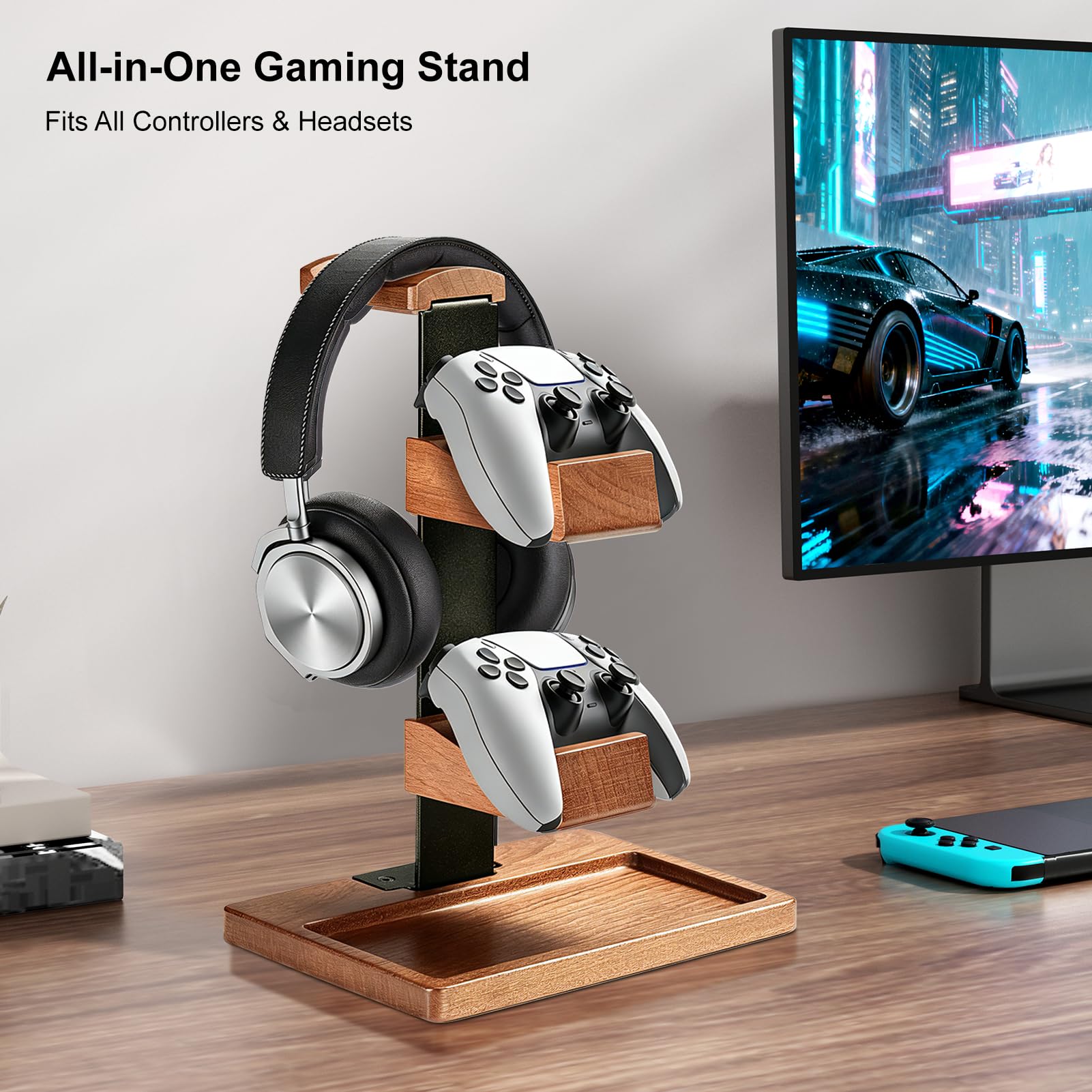 Support en Bois pour Manette et Casque, Porte-Casque en Bois, Rangement de Bureau, Accessoires de Bureau universels compatibles avec PS5, PS4, Xbox One et Nintendo Switch