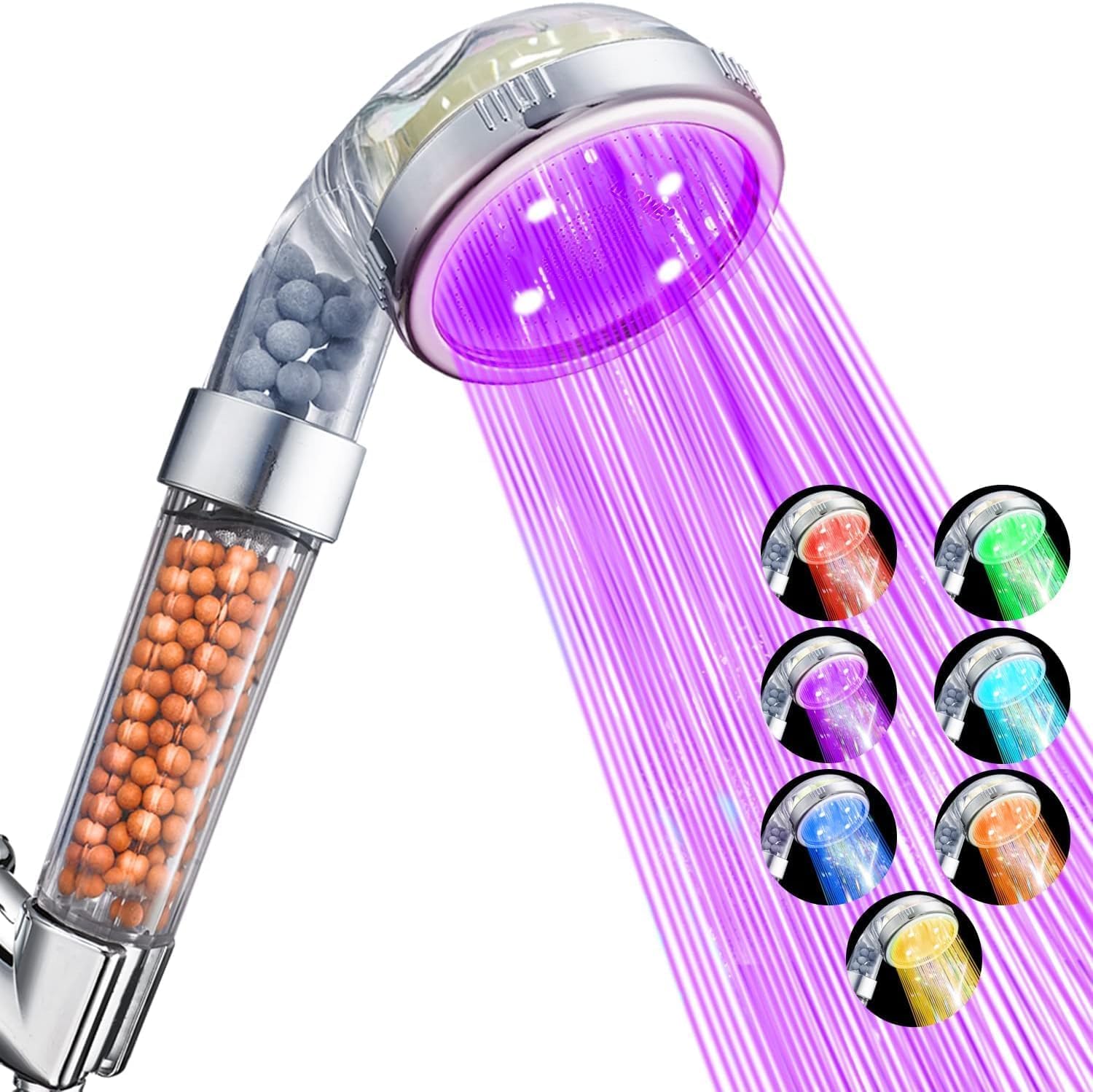 Nosame Led Shower Head, Filter Filtration High Pressure Water Saving 7 Colors Automatically No Batteries Needed Spray Handheld Showerheads 1.6 GPM for Dry Skin & Hair