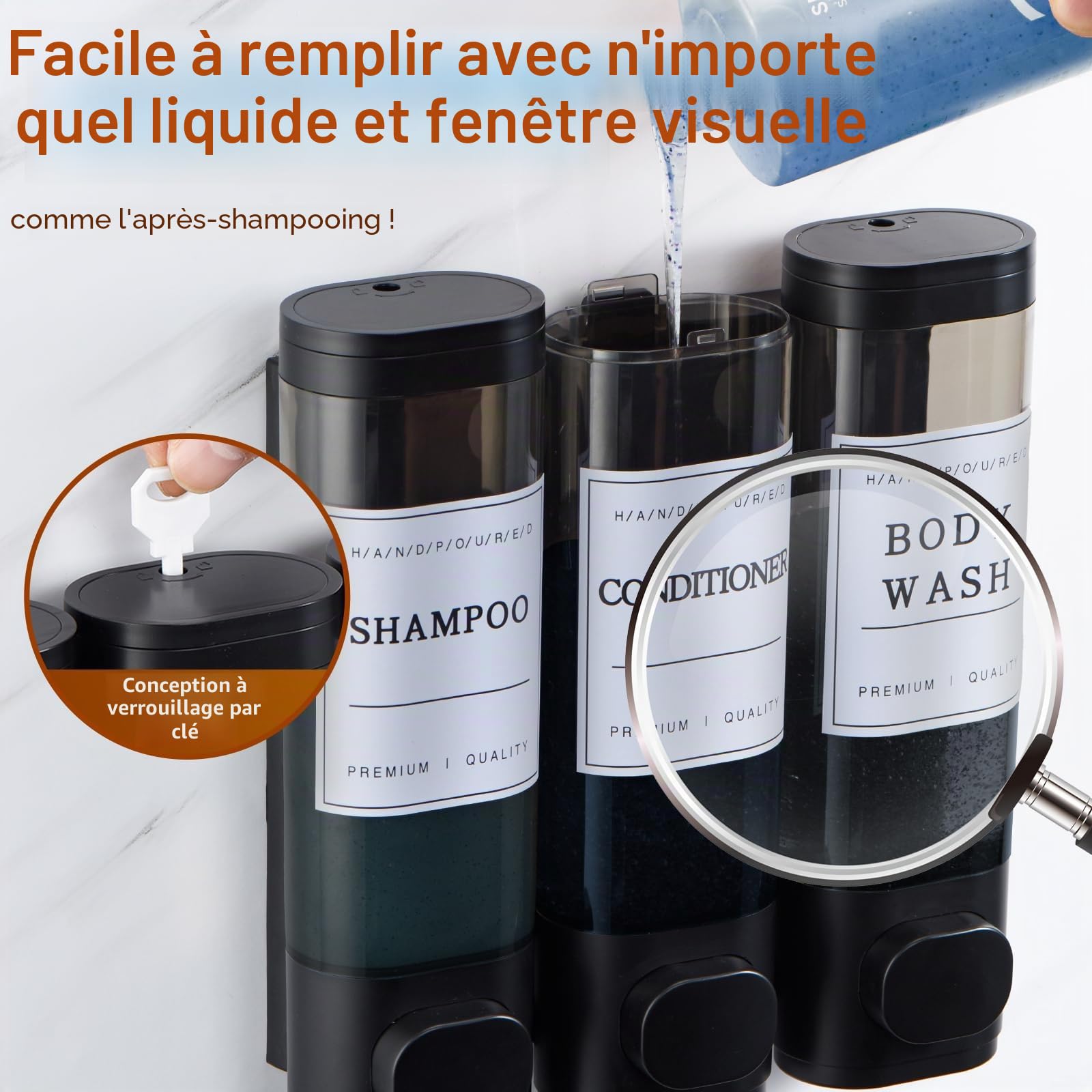 Unisense Distributeur de shampooing et d'après-shampoing, distributeur de savon de douche à 3 chambres, sans perçage, distributeur de shampooing mural pour douche, distributeur de douche mural pour