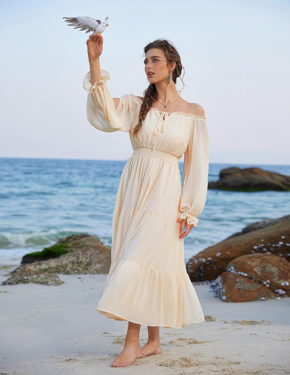 Scarlet Darkness Women Renaissance Off Shoulder Split Sleeve Smocked Waist Tiered Maxi Dress - Image 8