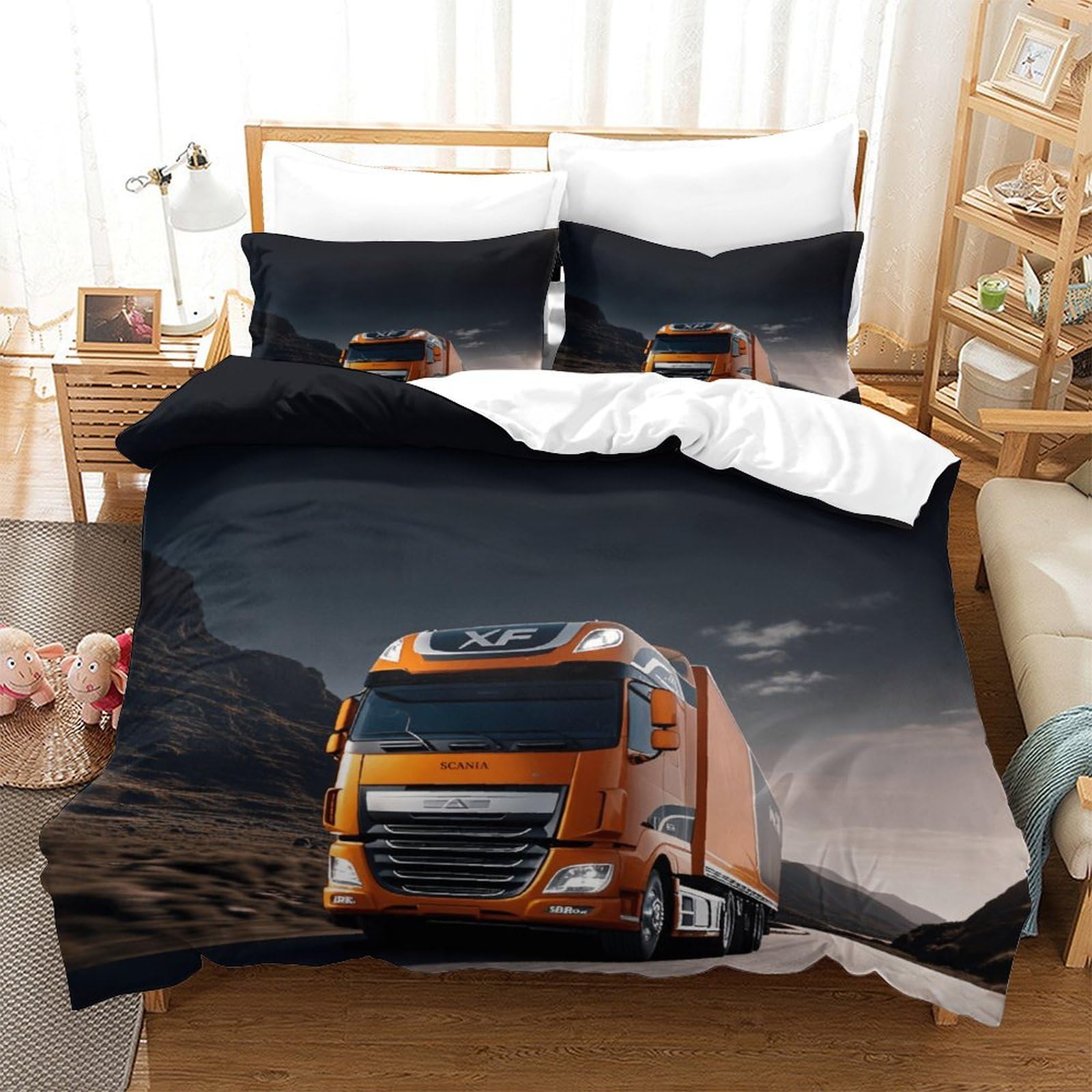 XiaopangXY 3D Truck Print Duvet Cover Set Breathable Lorry Bedding Set, Fashionable Quilt Cover Set for Kids & Adults Decoration Kids Comforter Cover King（220x240cm）